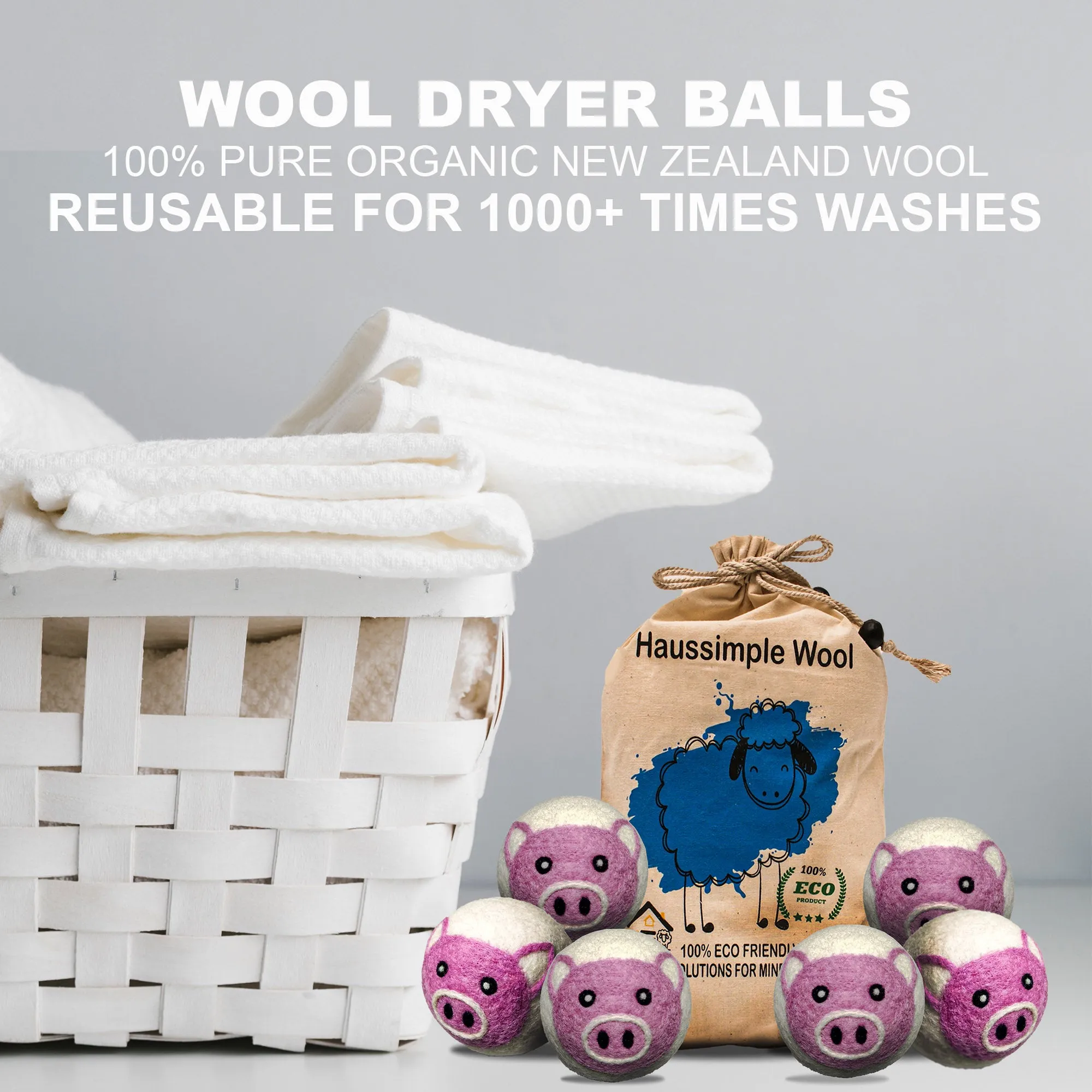 Pig Wool Dryer Balls XL Organic Laundry Fabric Softener 6-Pack