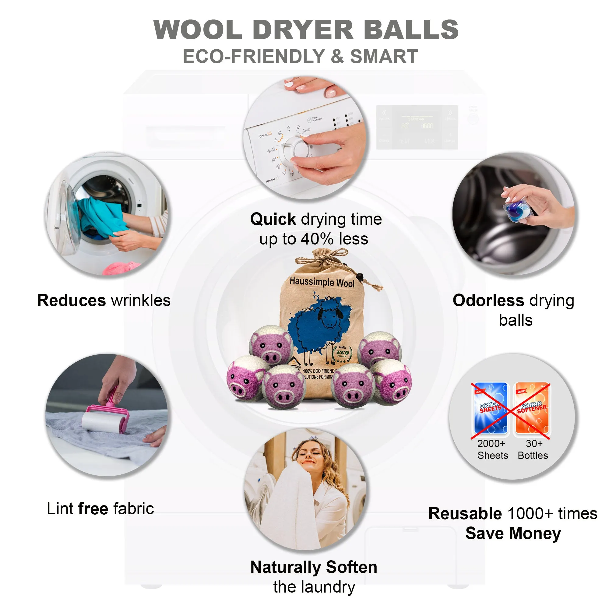 Pig Wool Dryer Balls XL Organic Laundry Fabric Softener 6-Pack