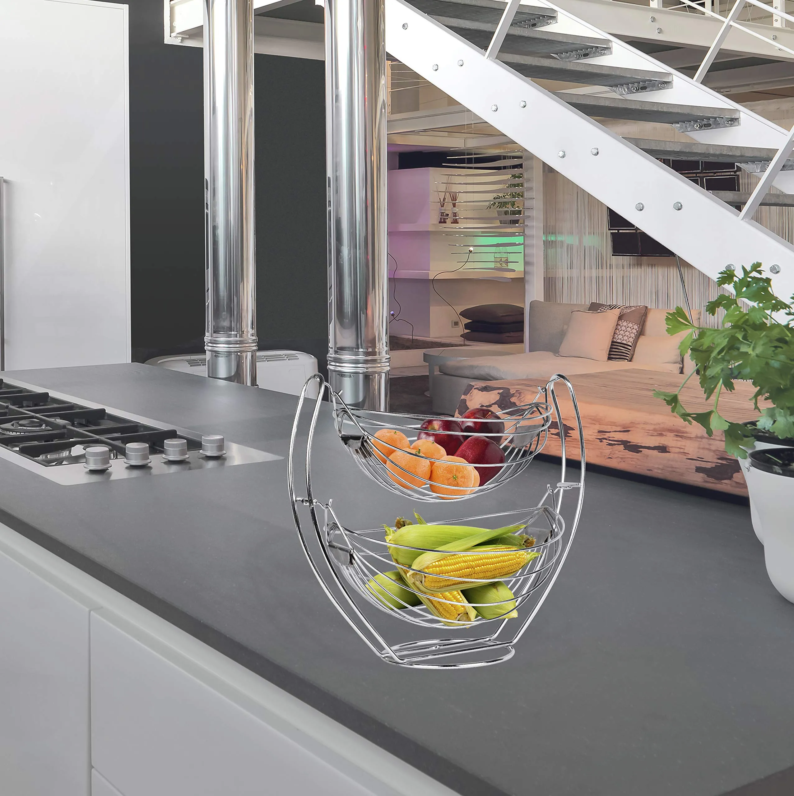 Planet Stainless Steel Double Step Swing Fruit and Vegetable Storage Basket (Silver).