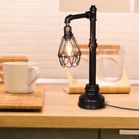 Rustic Wire Frame Table Lamp with Stylish Plumbing Pipe - Black Finish