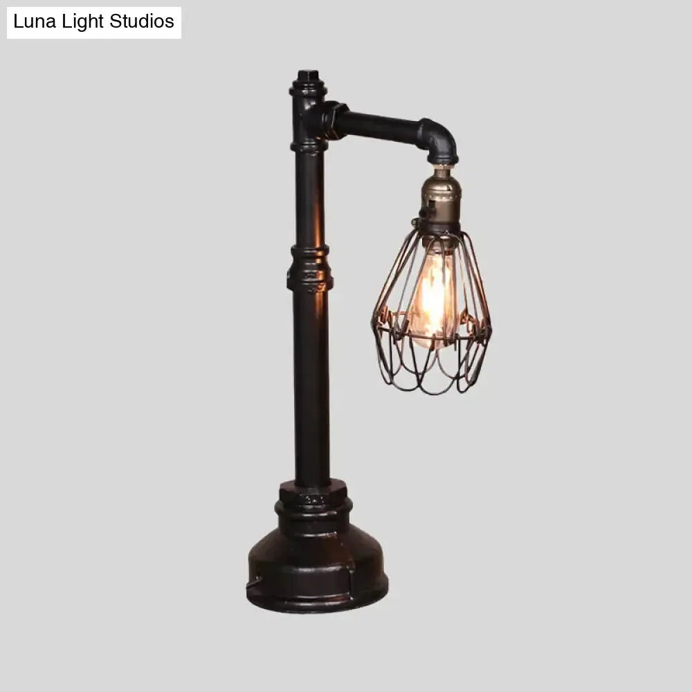 Rustic Wire Frame Table Lamp with Stylish Plumbing Pipe - Black Finish