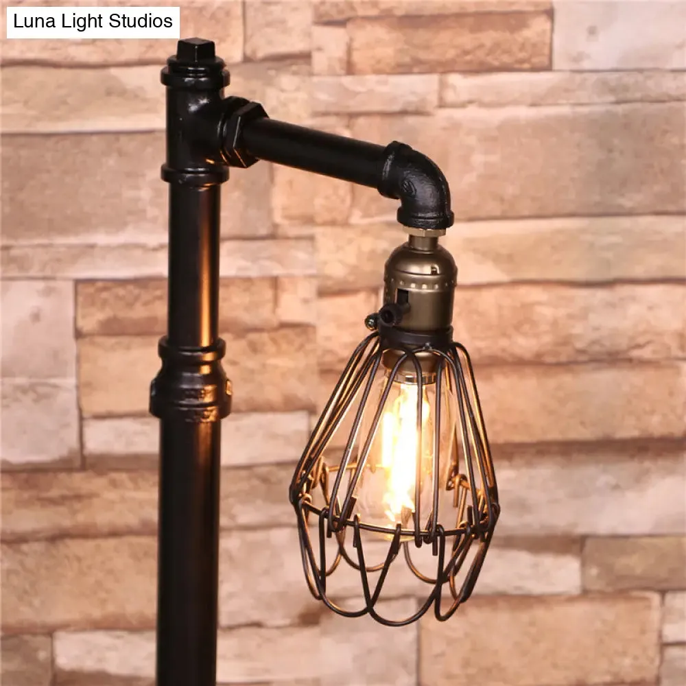 Rustic Wire Frame Table Lamp with Stylish Plumbing Pipe - Black Finish