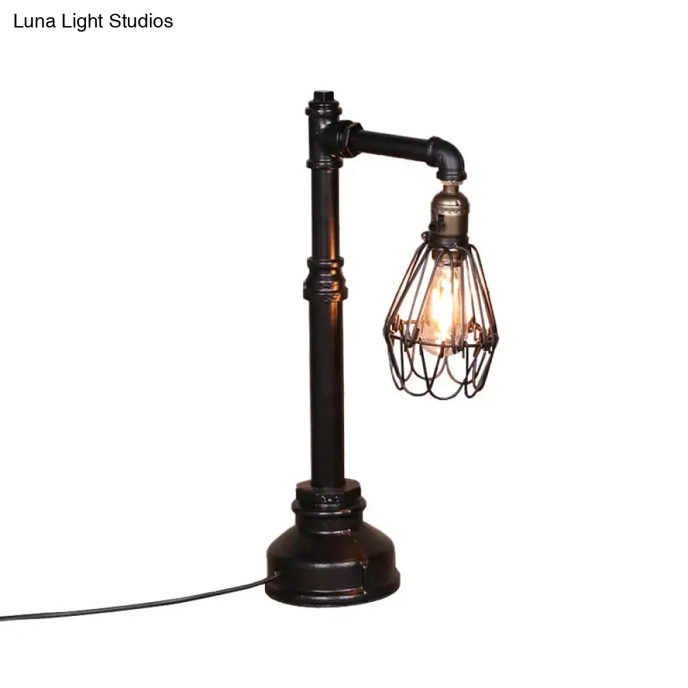 Rustic Wire Frame Table Lamp with Stylish Plumbing Pipe - Black Finish