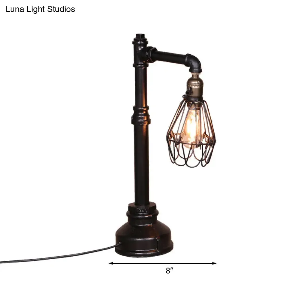 Rustic Wire Frame Table Lamp with Stylish Plumbing Pipe - Black Finish