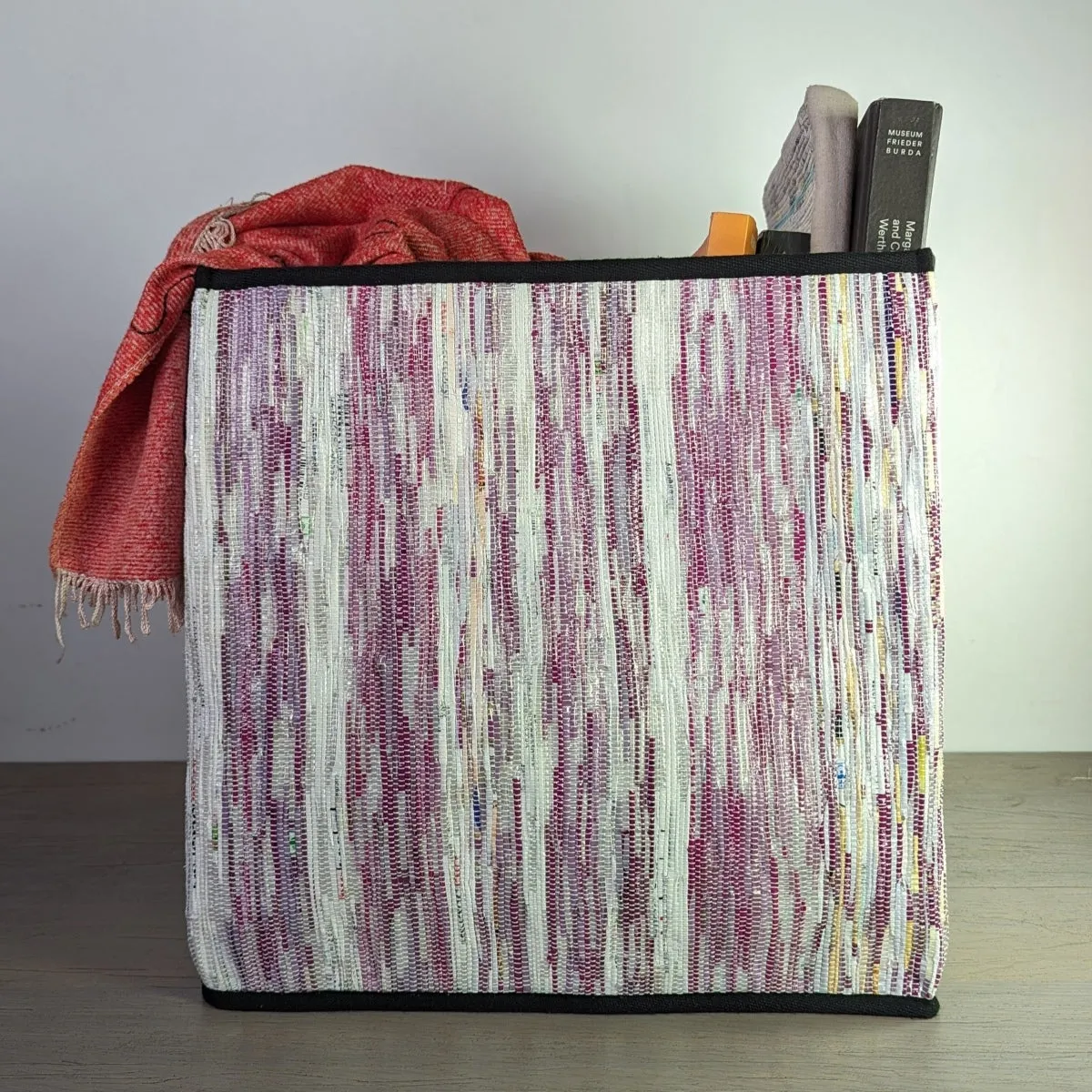 Shades of Purple on white Upcycled Handwoven Collapsible Storage Basket Big (CSBB0124-115) MS_W