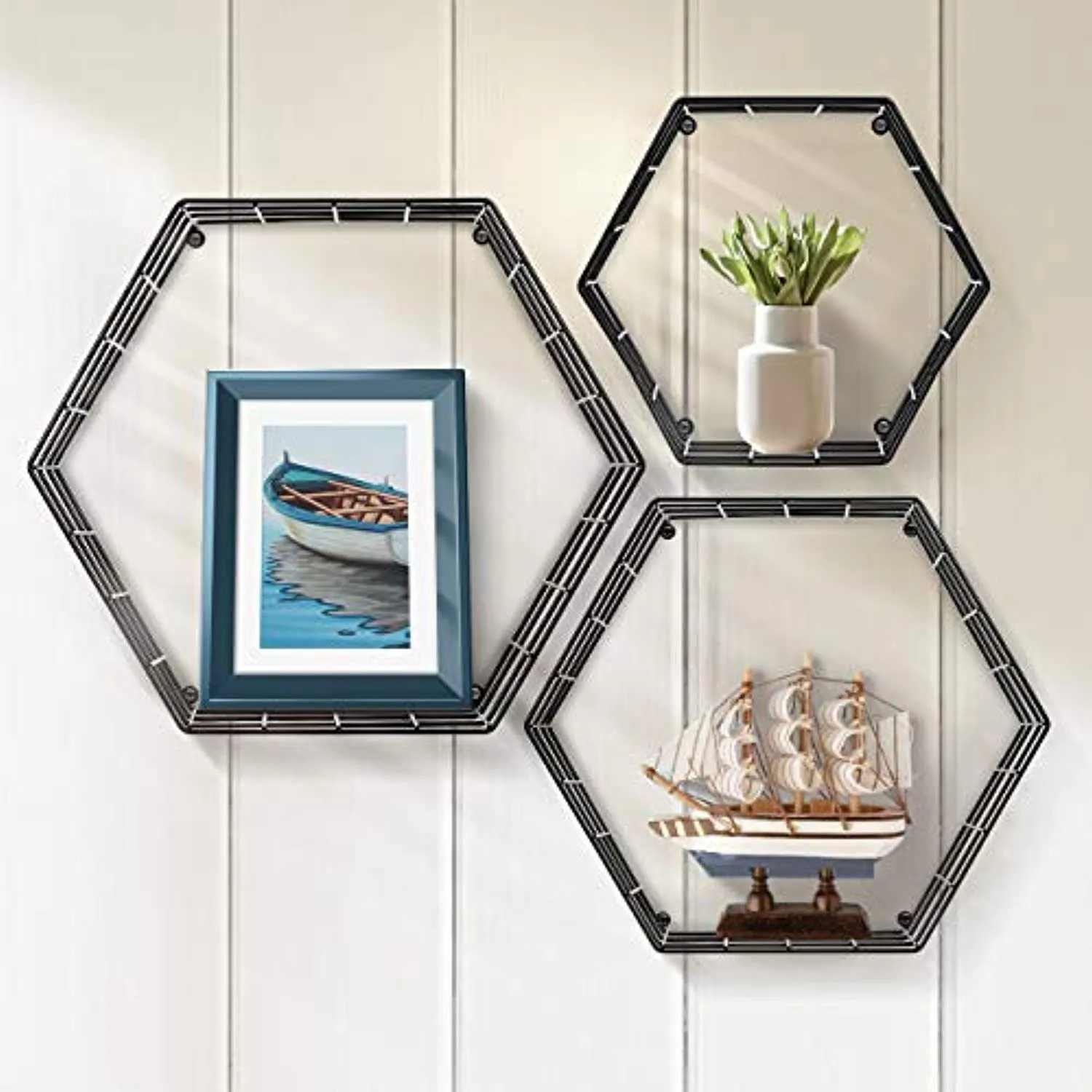 Sorbus Floating Hexagon Shelves - Wall-Mounted Geometric Metal Wall Décor (Metal Hexagon - Black)
