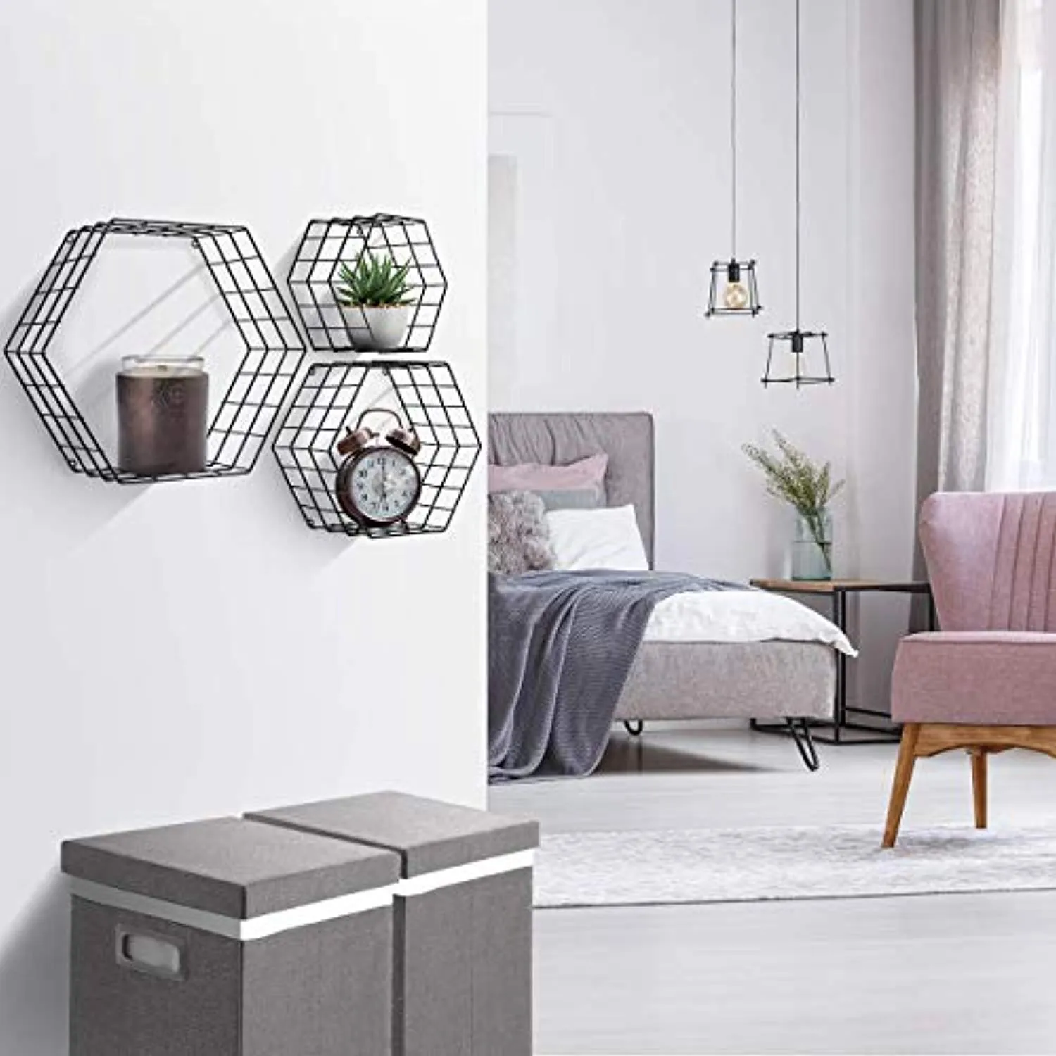 Sorbus Floating Hexagon Shelves - Wall-Mounted Geometric Metal Wall Décor (Metal Hexagon - Black)