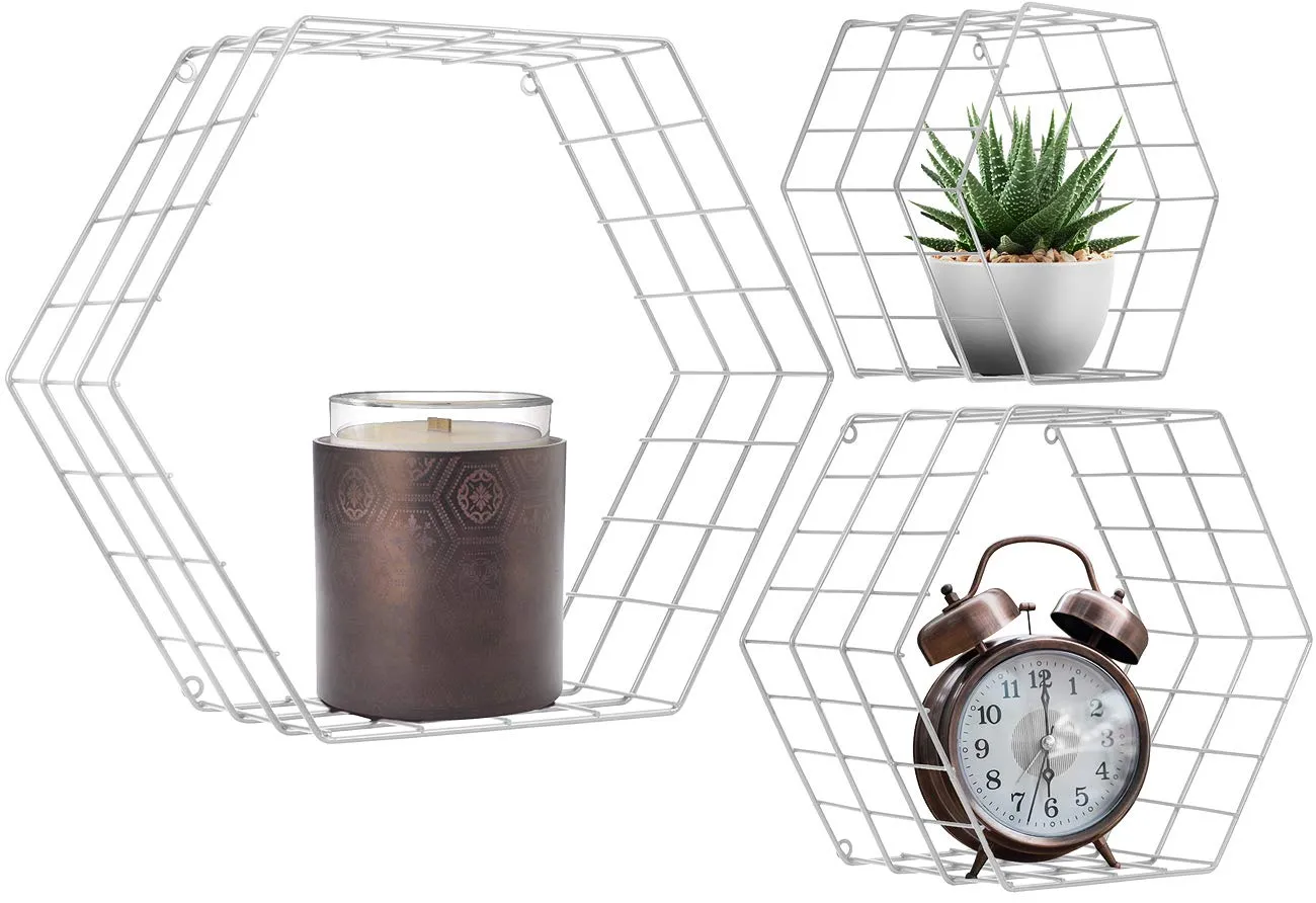 Sorbus Floating Hexagon Shelves - Wall-Mounted Geometric Metal Wall Décor (Metal Hexagon - Black)