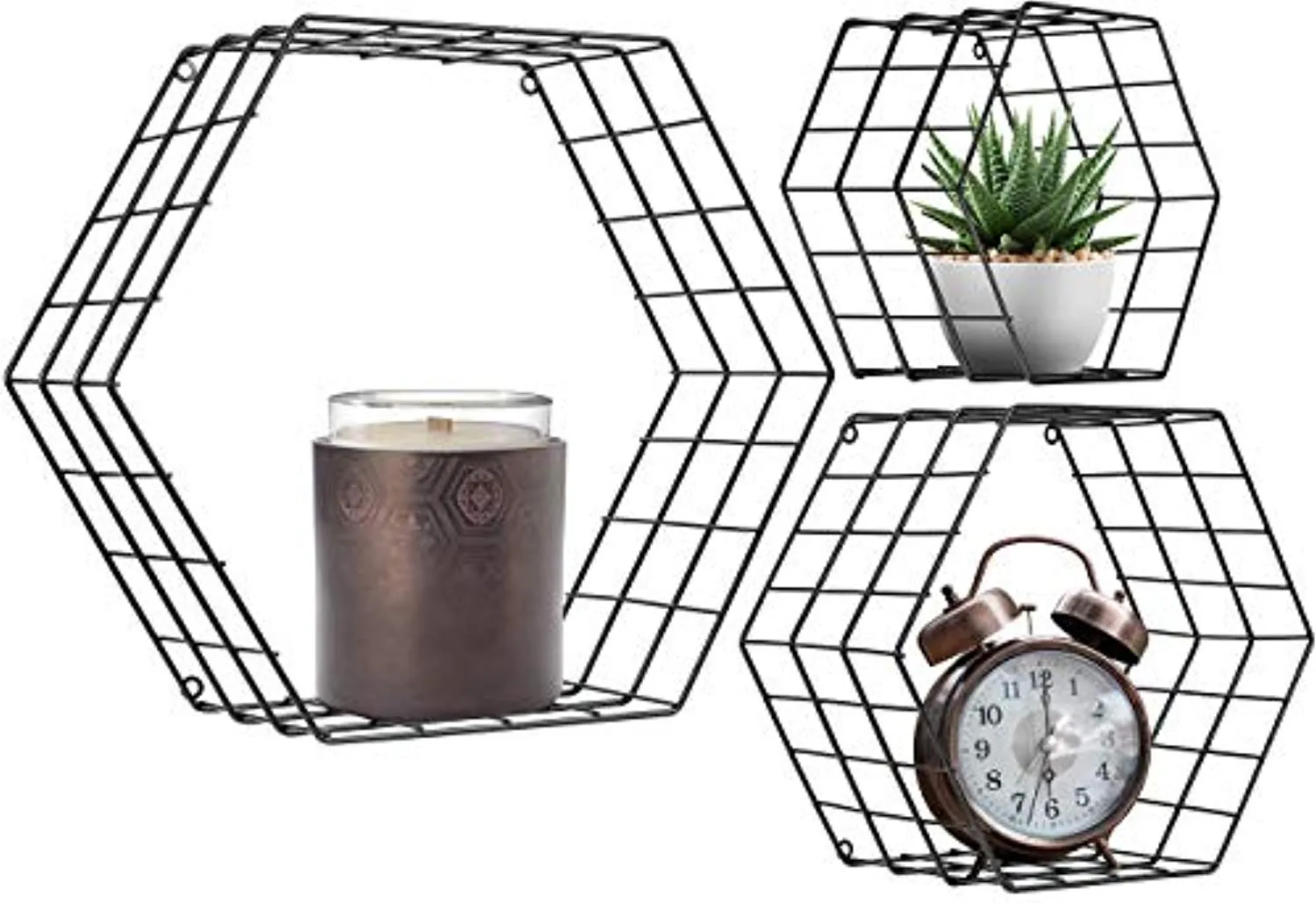 Sorbus Floating Hexagon Shelves - Wall-Mounted Geometric Metal Wall Décor (Metal Hexagon - Black)