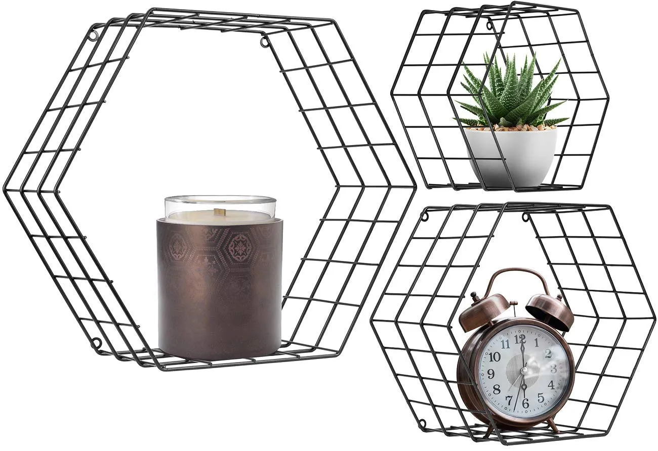 Sorbus Floating Hexagon Shelves - Wall-Mounted Geometric Metal Wall Décor (Metal Hexagon - Black)