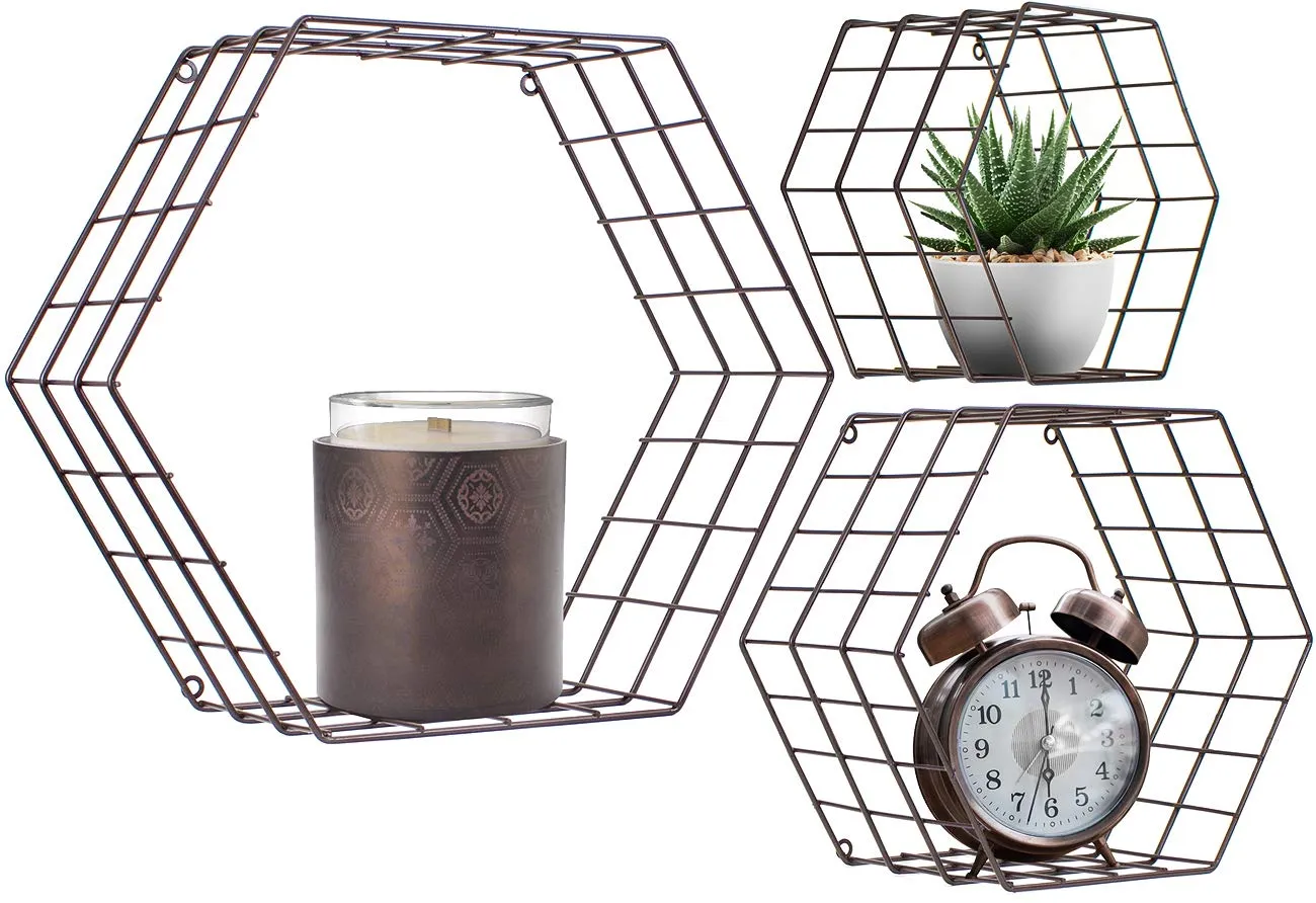 Sorbus Floating Hexagon Shelves - Wall-Mounted Geometric Metal Wall Décor (Metal Hexagon - Black)