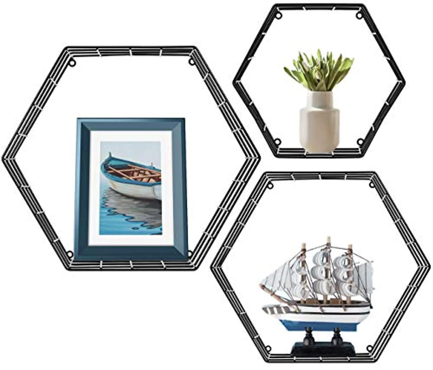 Sorbus Floating Hexagon Shelves - Wall-Mounted Geometric Metal Wall Décor (Metal Hexagon - Black)