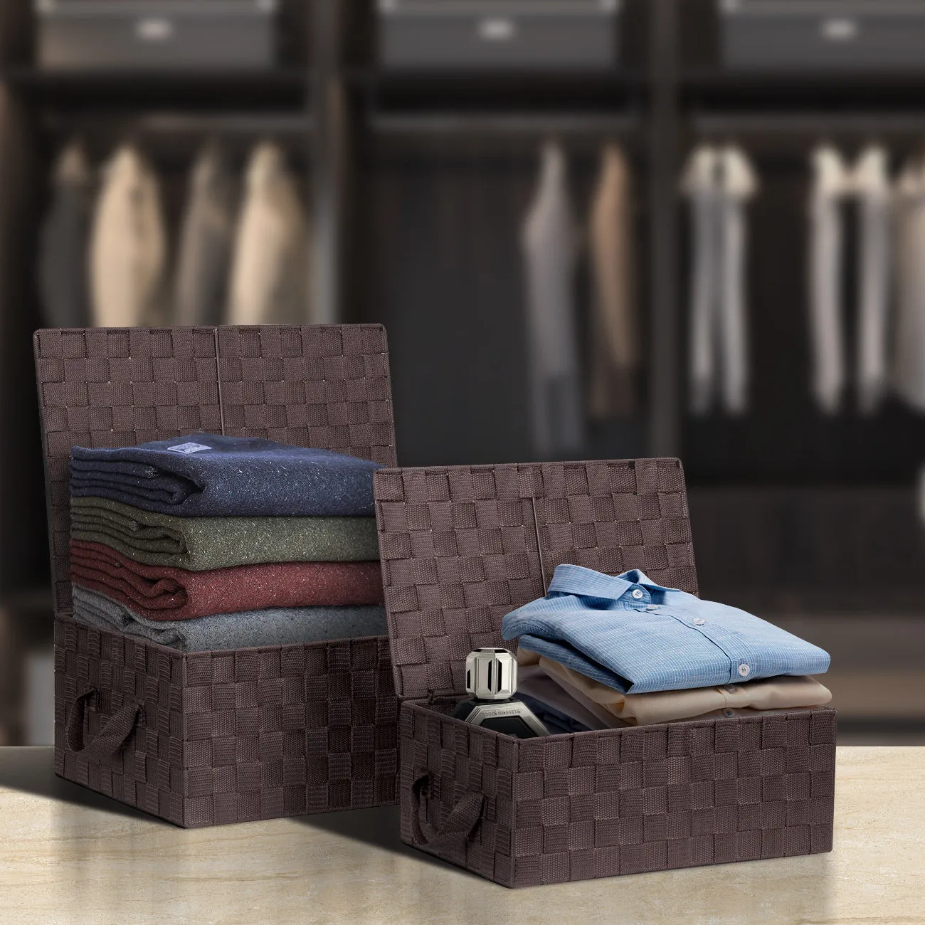 Storage Woven Basket with Lid (3 Pack)