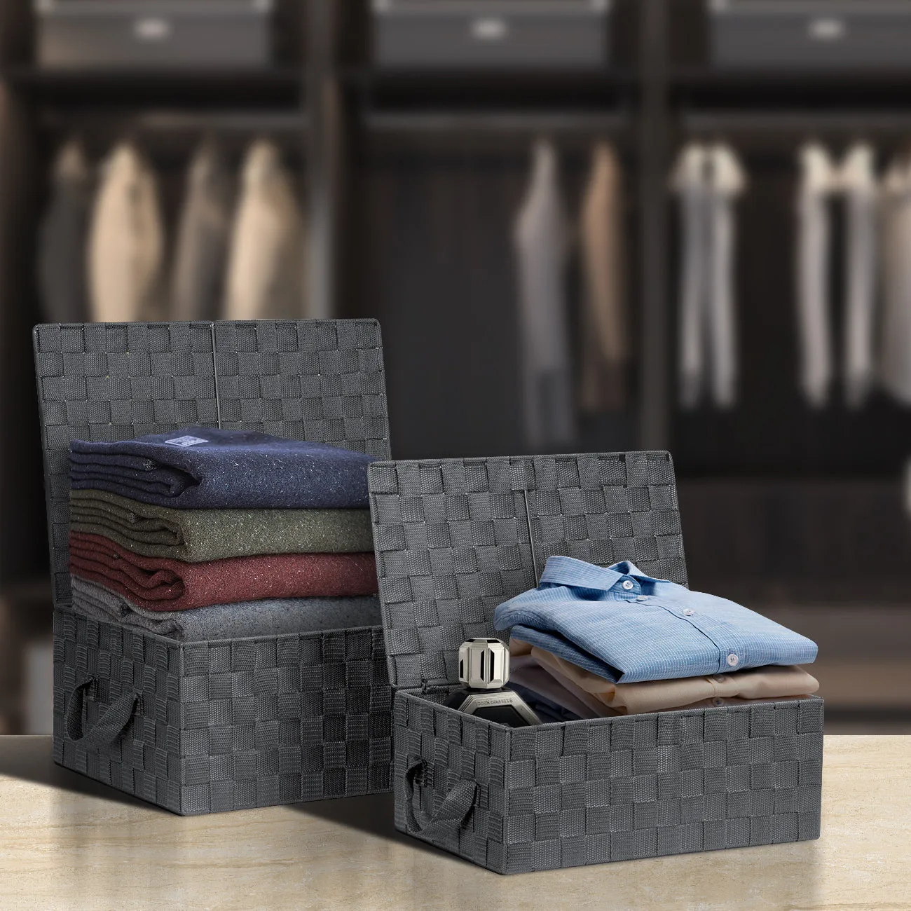 Storage Woven Basket with Lid (3 Pack)