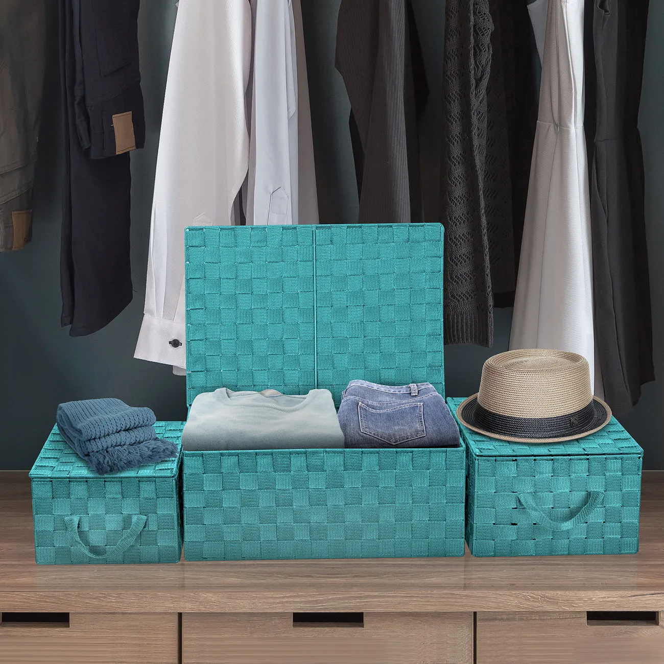 Storage Woven Basket with Lid (3 Pack)