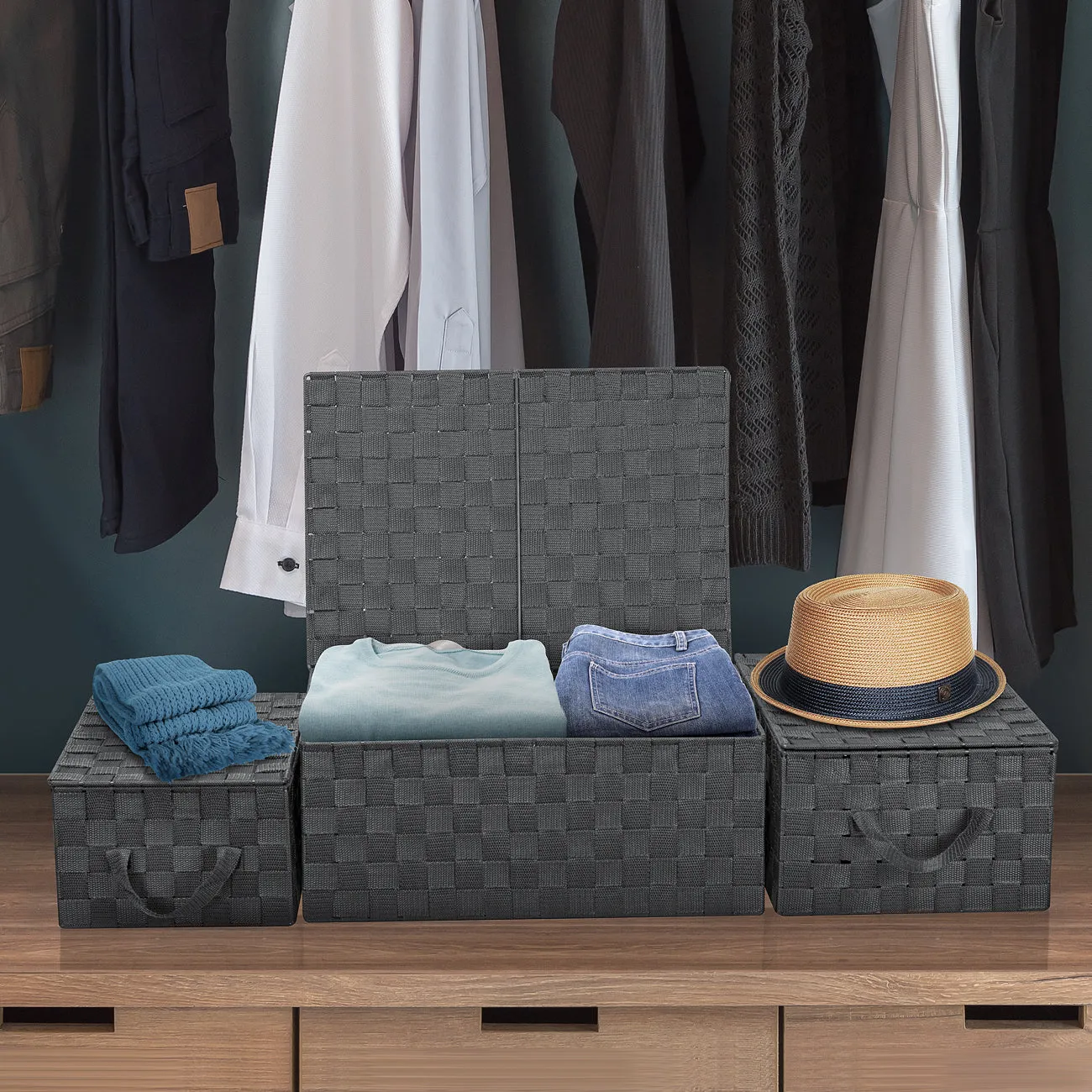 Storage Woven Basket with Lid (3 Pack)
