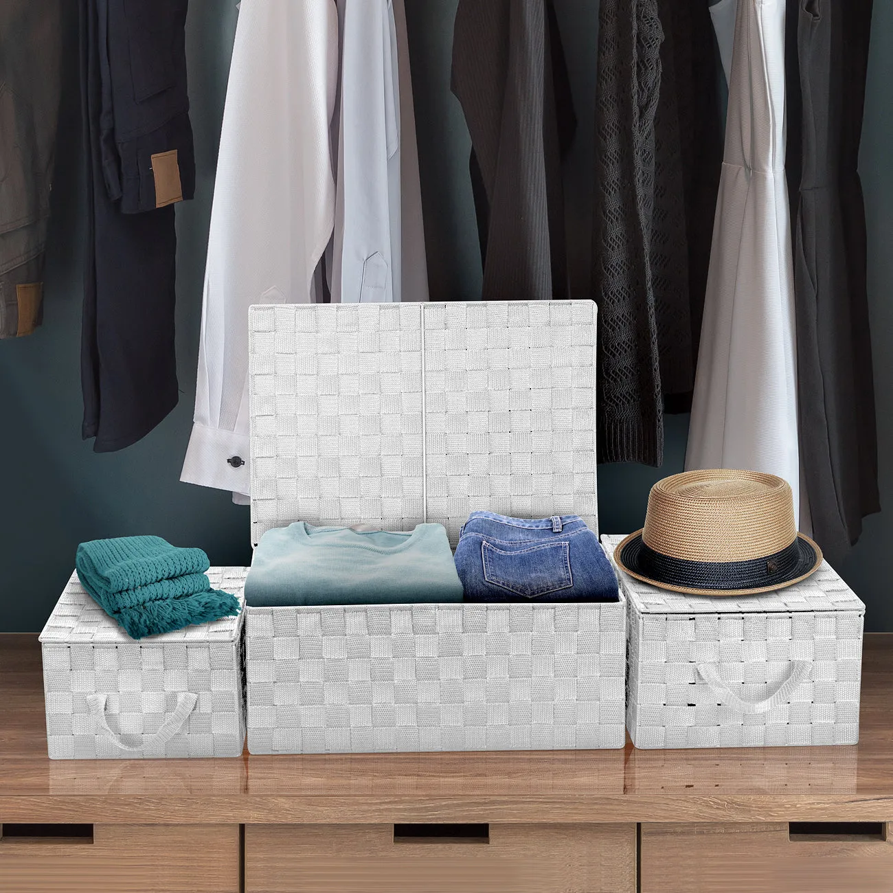 Storage Woven Basket with Lid (3 Pack)