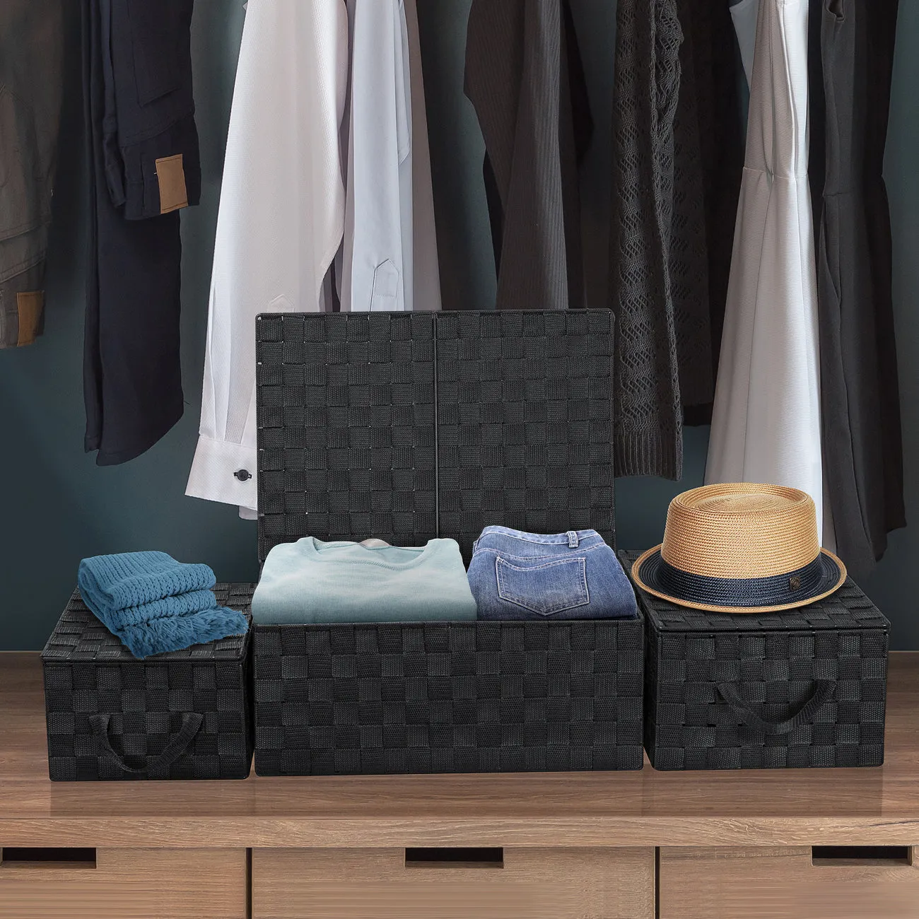 Storage Woven Basket with Lid (3 Pack)