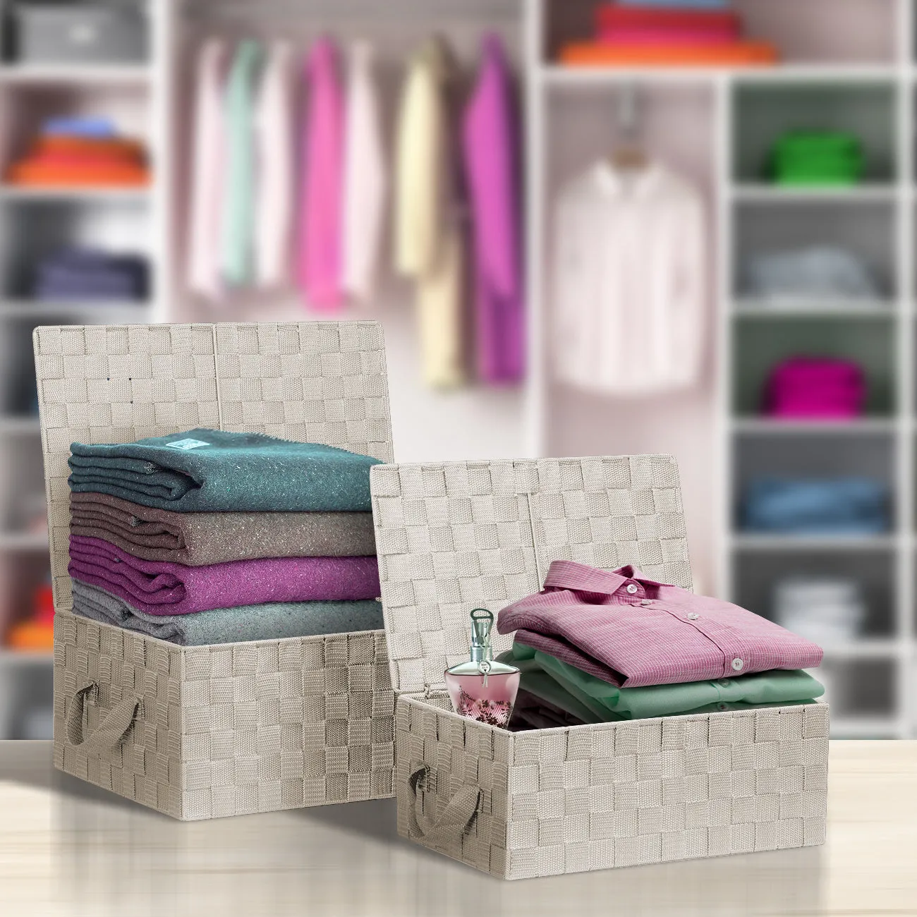 Storage Woven Basket with Lid (3 Pack)