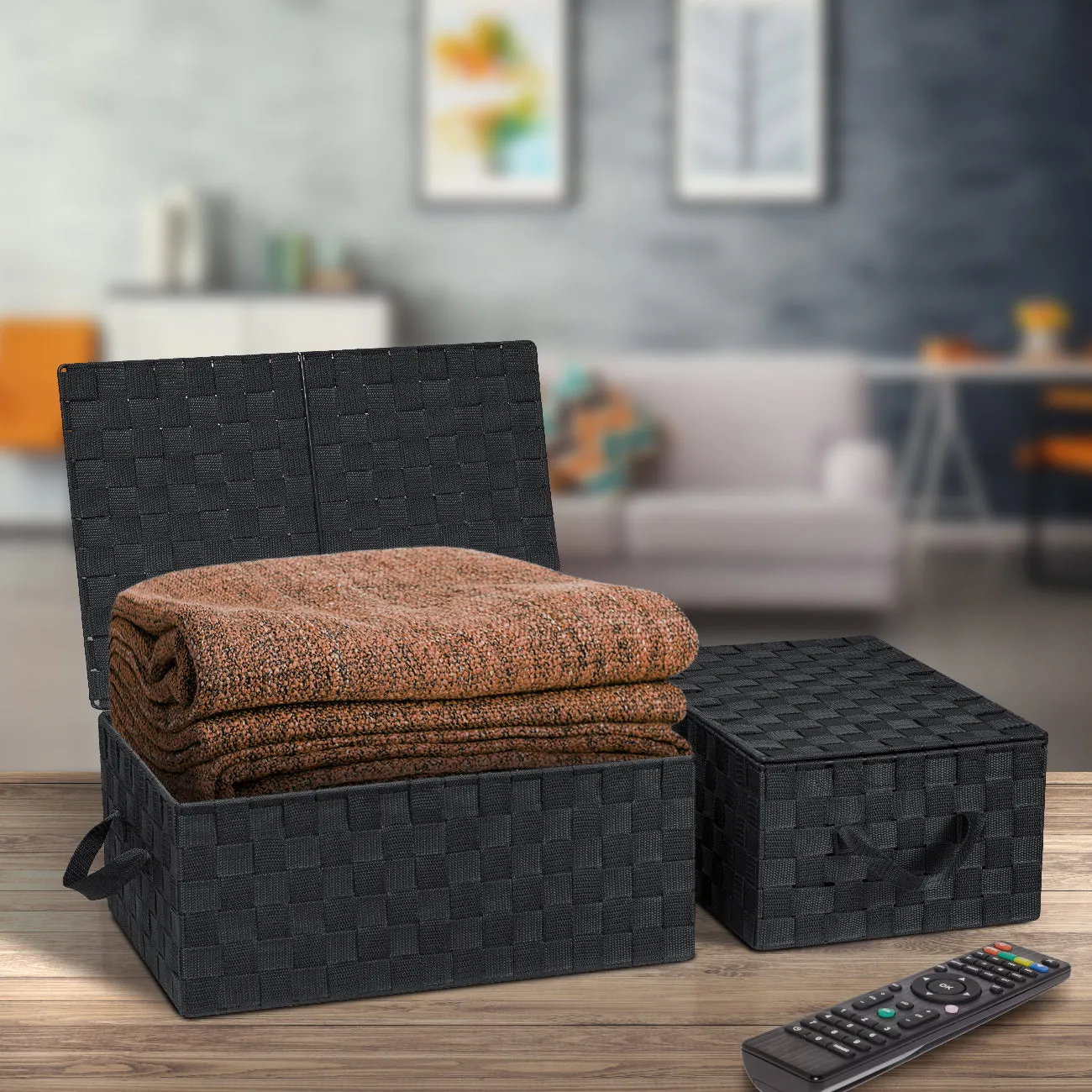 Storage Woven Basket with Lid (3 Pack)