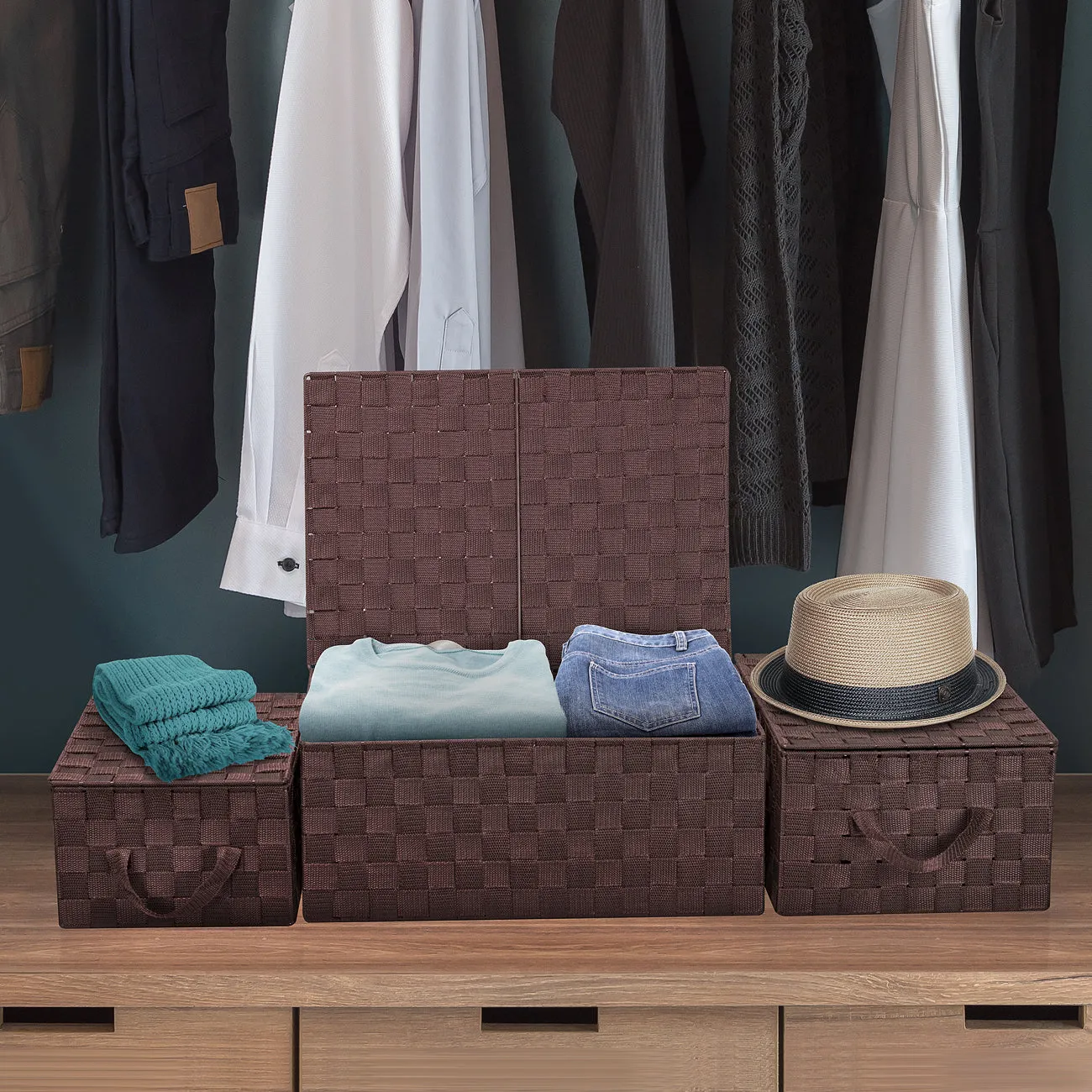 Storage Woven Basket with Lid (3 Pack)