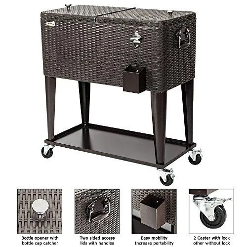 VINGLI 80 Quart Rolling Ice Chest on Wheels, Portable Patio Party Bar Drink Cooler Cart, Wicker PP Rattan with Shelf, Beverage Pool with Bottle Opener and Rolling Cover