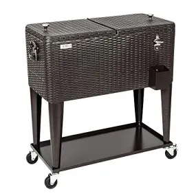 VINGLI 80 Quart Rolling Ice Chest on Wheels, Portable Patio Party Bar Drink Cooler Cart, Wicker PP Rattan with Shelf, Beverage Pool with Bottle Opener and Rolling Cover