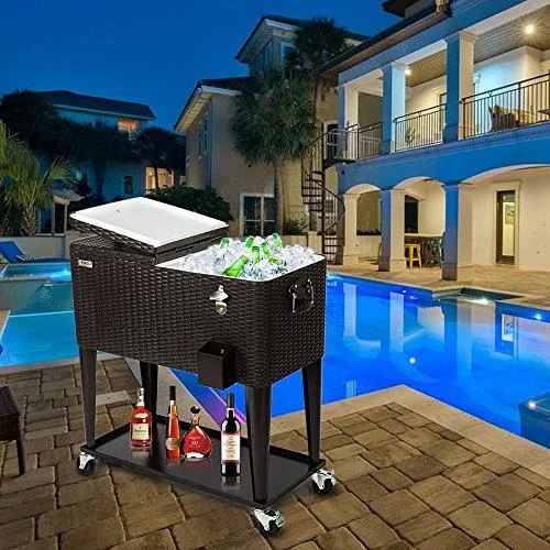 VINGLI 80 Quart Rolling Ice Chest on Wheels, Portable Patio Party Bar Drink Cooler Cart, Wicker PP Rattan with Shelf, Beverage Pool with Bottle Opener and Rolling Cover