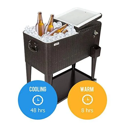 VINGLI 80 Quart Rolling Ice Chest on Wheels, Portable Patio Party Bar Drink Cooler Cart, Wicker PP Rattan with Shelf, Beverage Pool with Bottle Opener and Rolling Cover