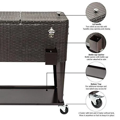 VINGLI 80 Quart Rolling Ice Chest on Wheels, Portable Patio Party Bar Drink Cooler Cart, Wicker PP Rattan with Shelf, Beverage Pool with Bottle Opener and Rolling Cover