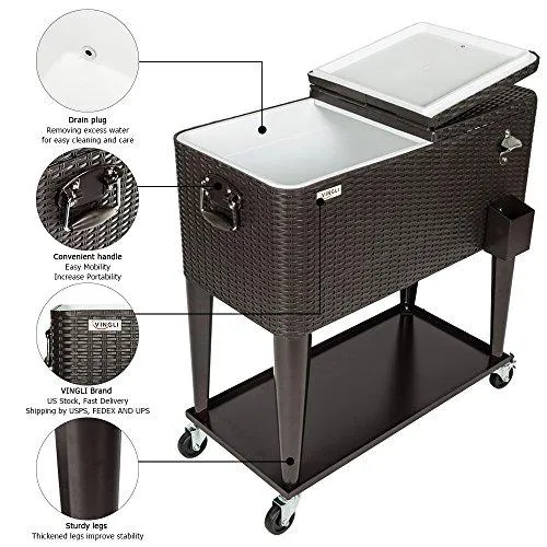 VINGLI 80 Quart Rolling Ice Chest on Wheels, Portable Patio Party Bar Drink Cooler Cart, Wicker PP Rattan with Shelf, Beverage Pool with Bottle Opener and Rolling Cover