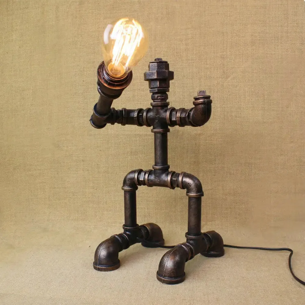 Vintage Stylish Sitting Robot Wrought Iron Table Lamp with Antique Brass Plumbing Pipe