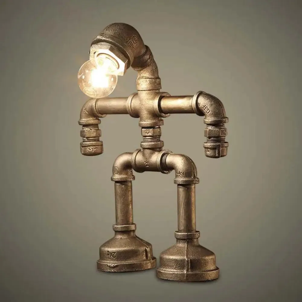 Vintage Stylish Sitting Robot Wrought Iron Table Lamp with Antique Brass Plumbing Pipe