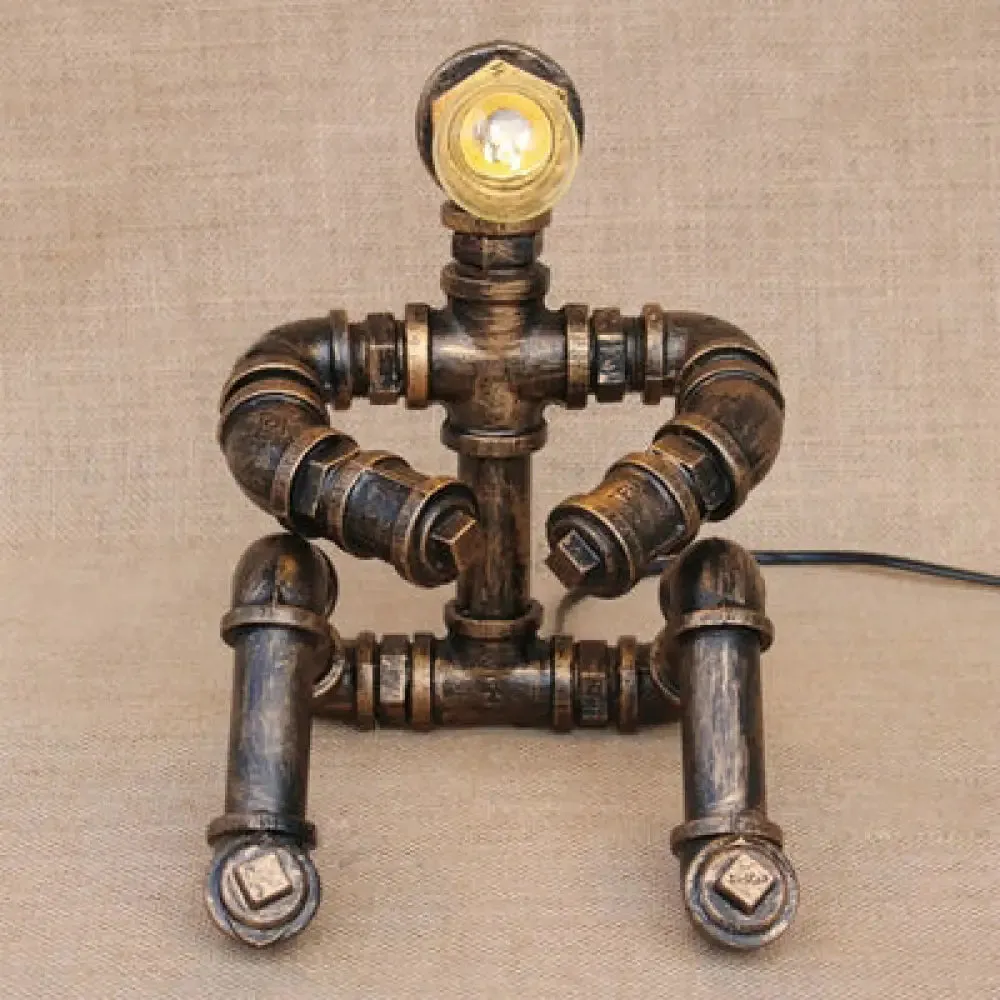 Vintage Stylish Sitting Robot Wrought Iron Table Lamp with Antique Brass Plumbing Pipe