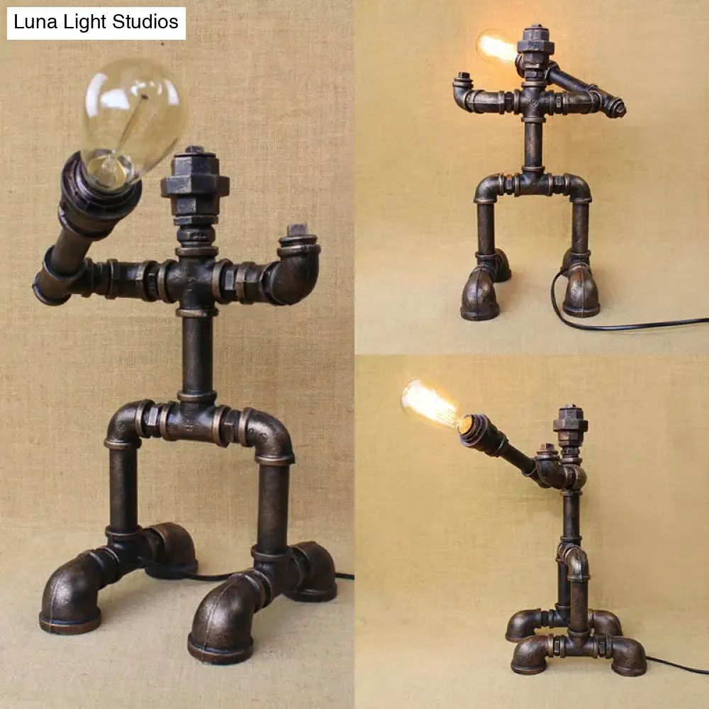 Vintage Stylish Sitting Robot Wrought Iron Table Lamp with Antique Brass Plumbing Pipe