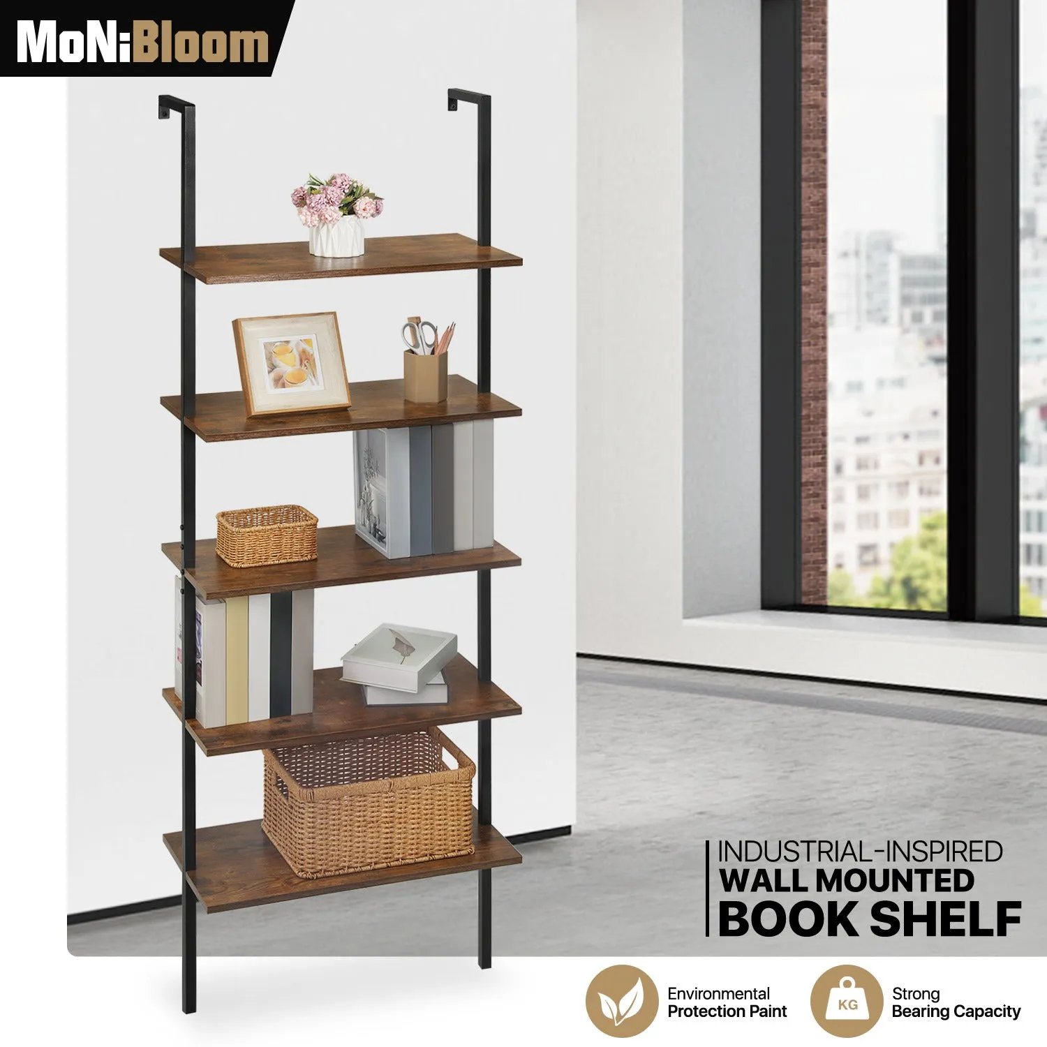 Wall Mounted Bookshelf 24"x12"x72.5" - 5 Tier