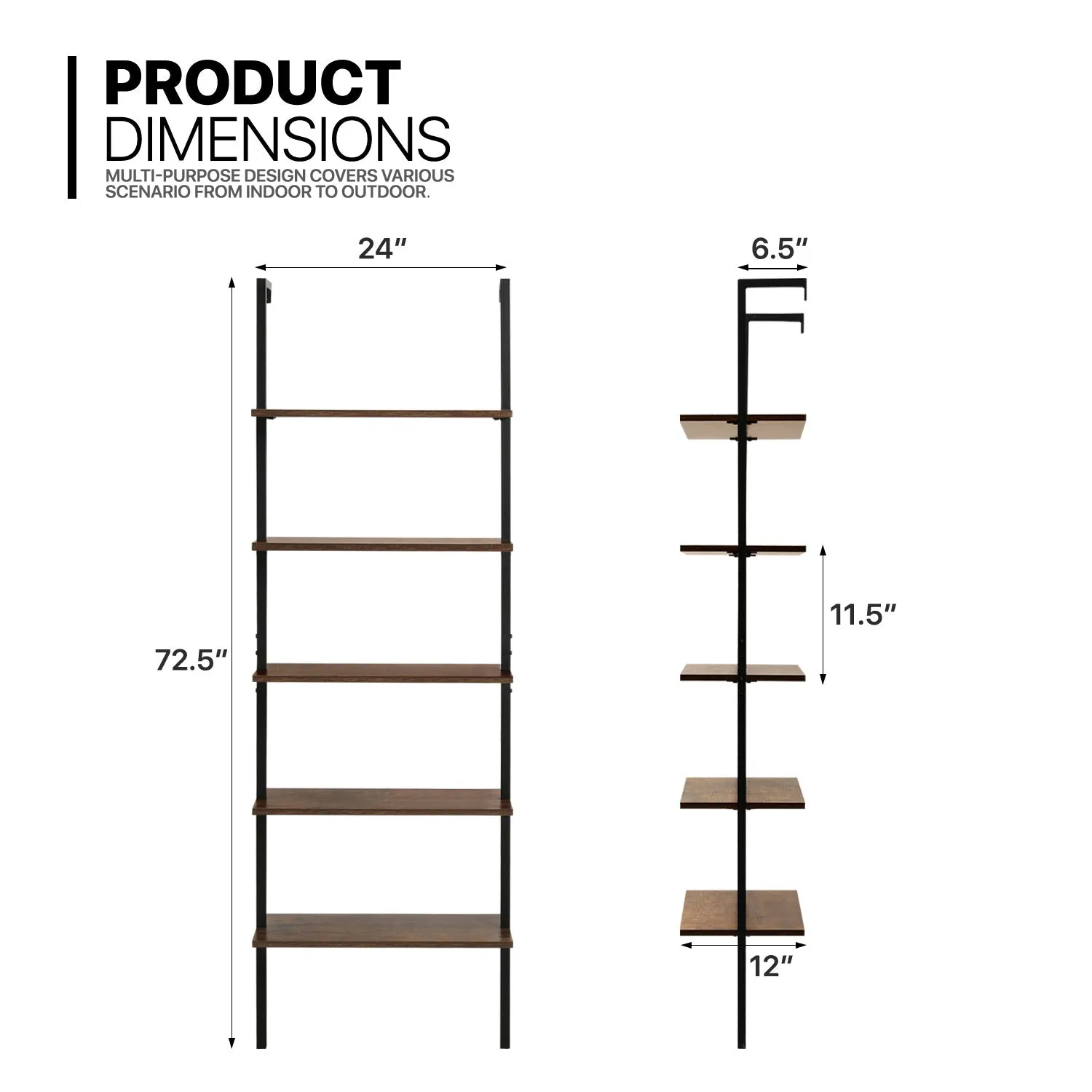 Wall Mounted Bookshelf 24"x12"x72.5" - 5 Tier