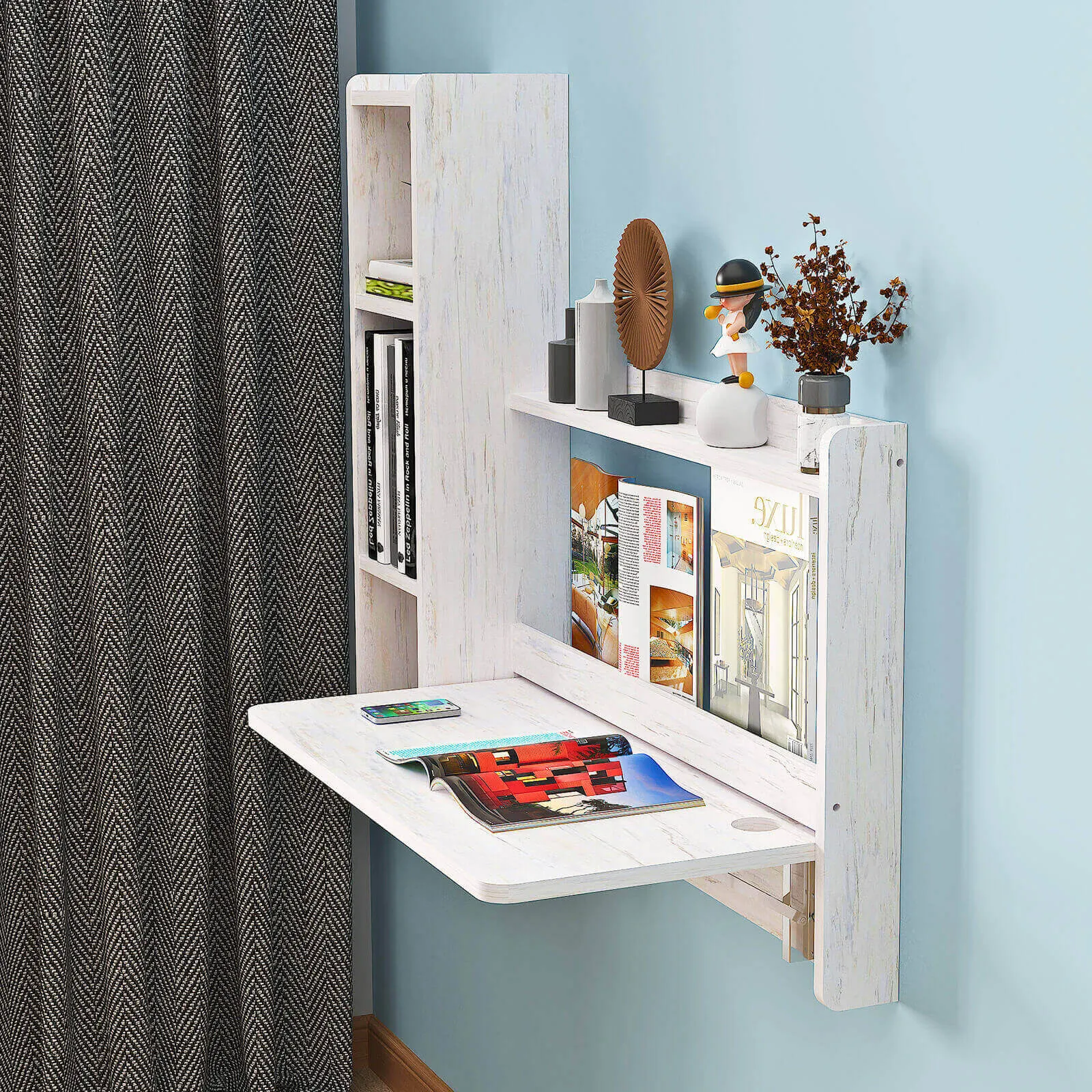 White Wall Mounted Fold Down Desk with Storage Shelf, 41.57"W 35.43"H
