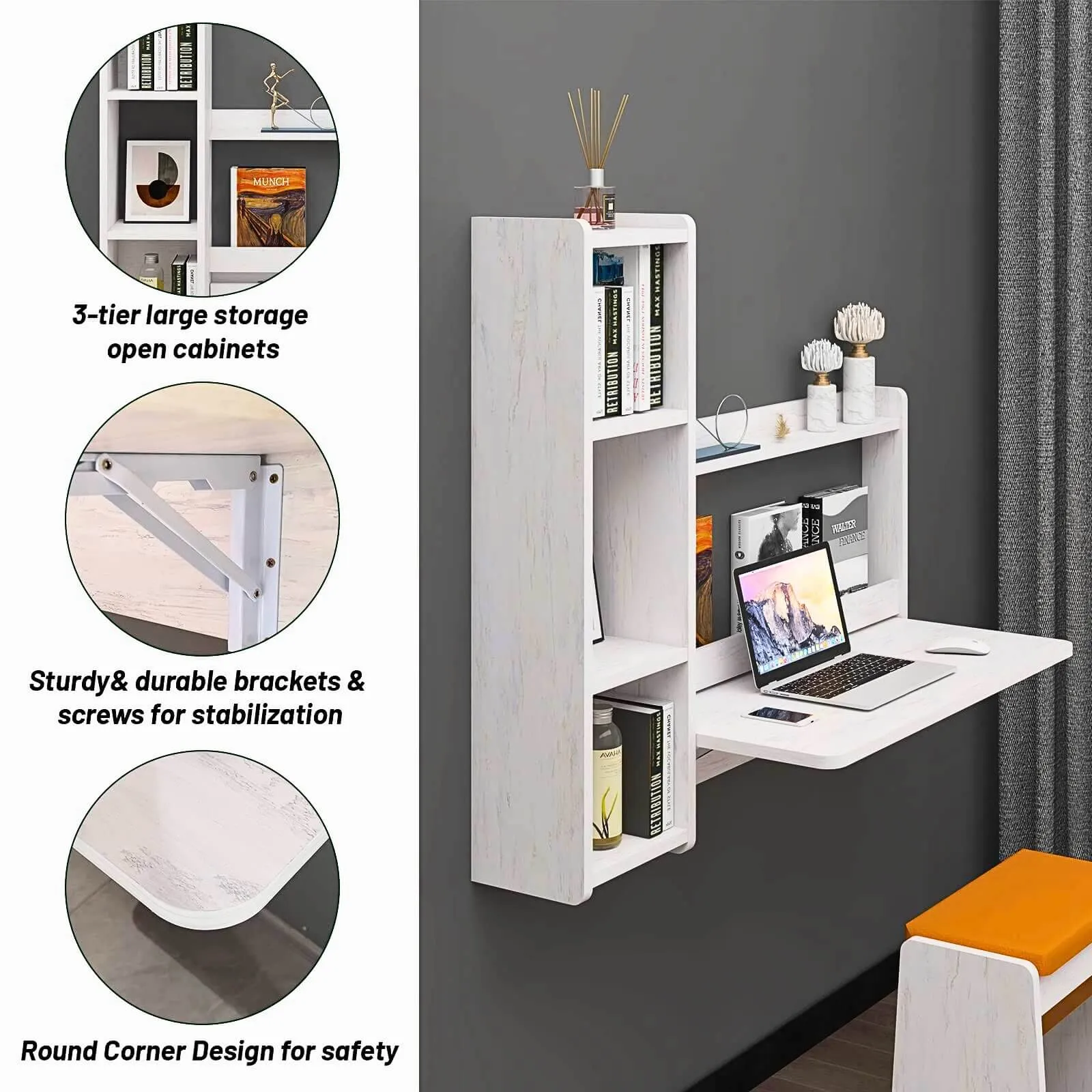 White Wall Mounted Fold Down Desk with Storage Shelf, 41.57"W 35.43"H