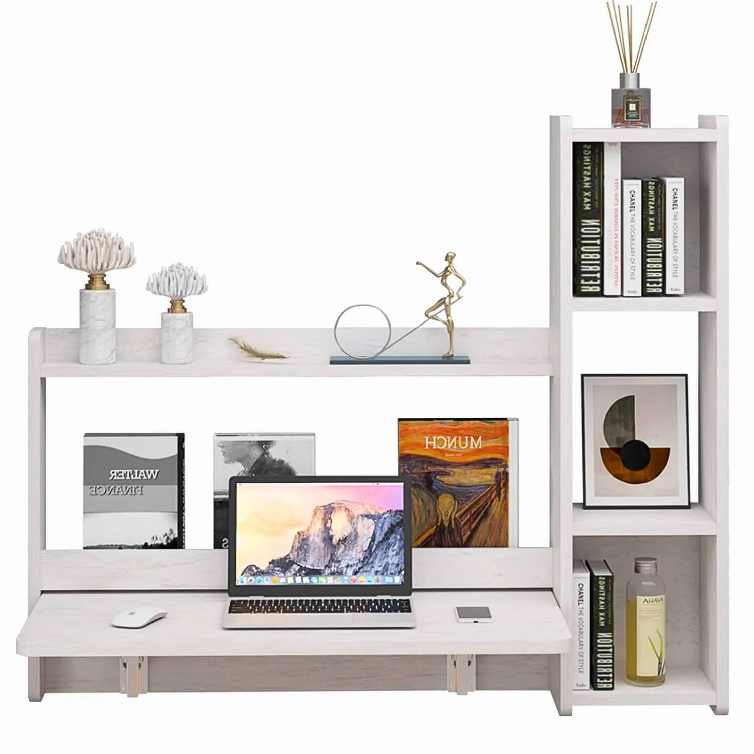 White Wall Mounted Fold Down Desk with Storage Shelf, 41.57"W 35.43"H