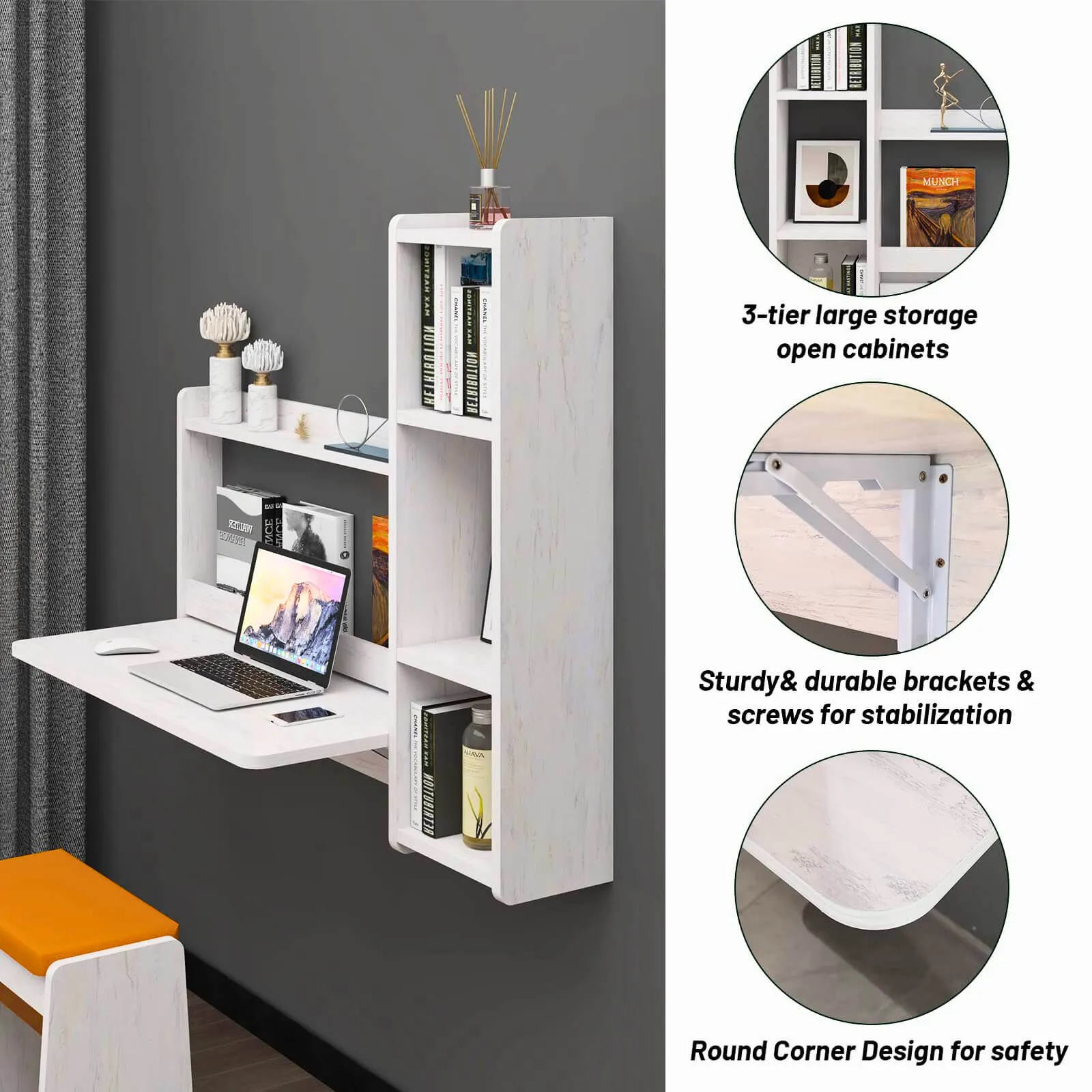 White Wall Mounted Fold Down Desk with Storage Shelf, 41.57"W 35.43"H
