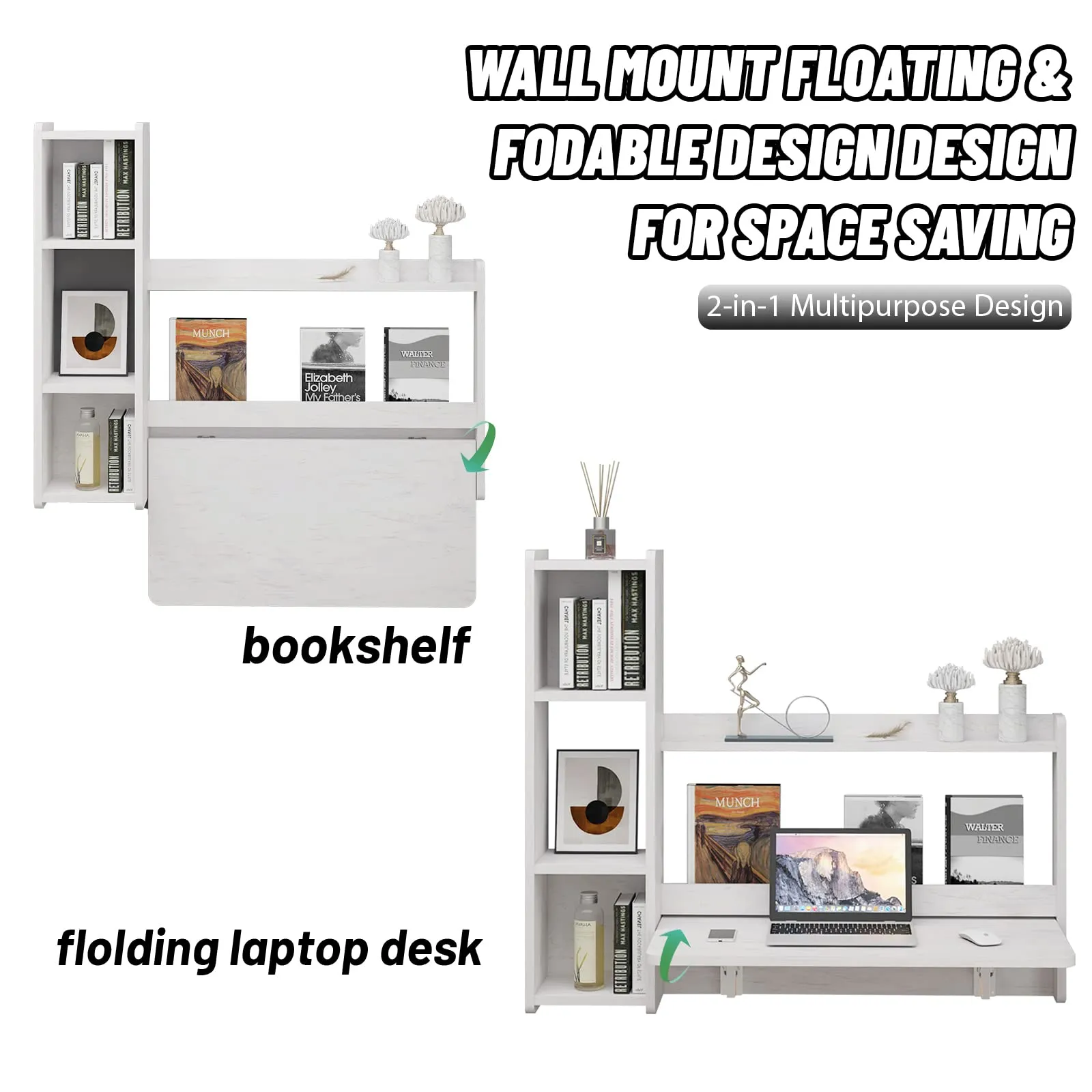 White Wall Mounted Fold Down Desk with Storage Shelf, 41.57"W 35.43"H