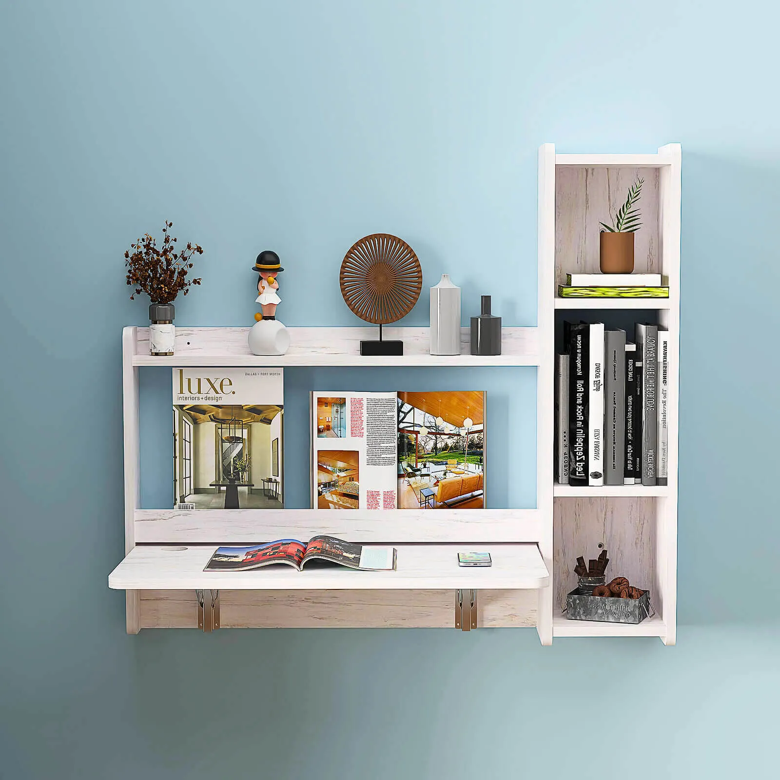 White Wall Mounted Fold Down Desk with Storage Shelf, 41.57"W 35.43"H