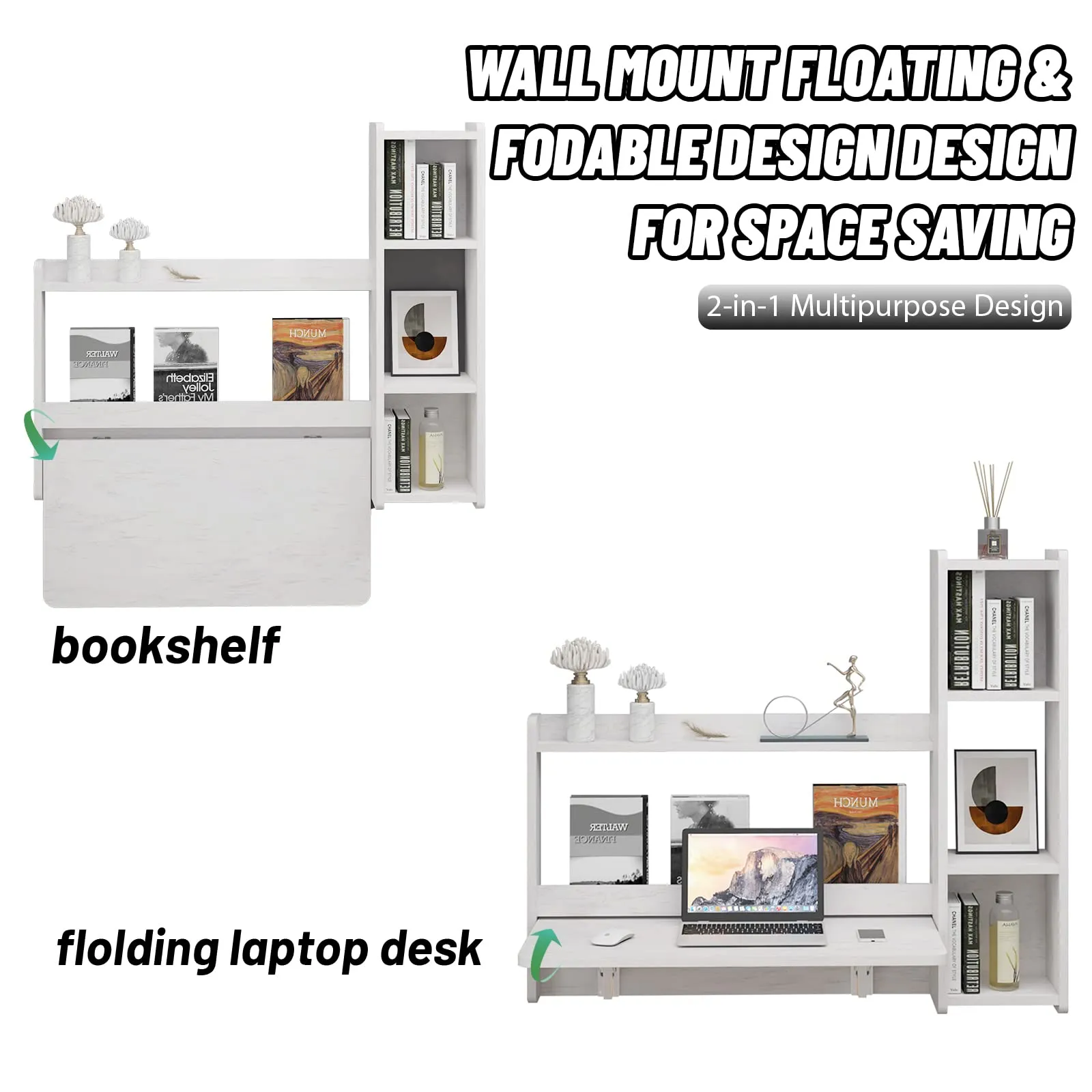 White Wall Mounted Fold Down Desk with Storage Shelf, 41.57"W 35.43"H
