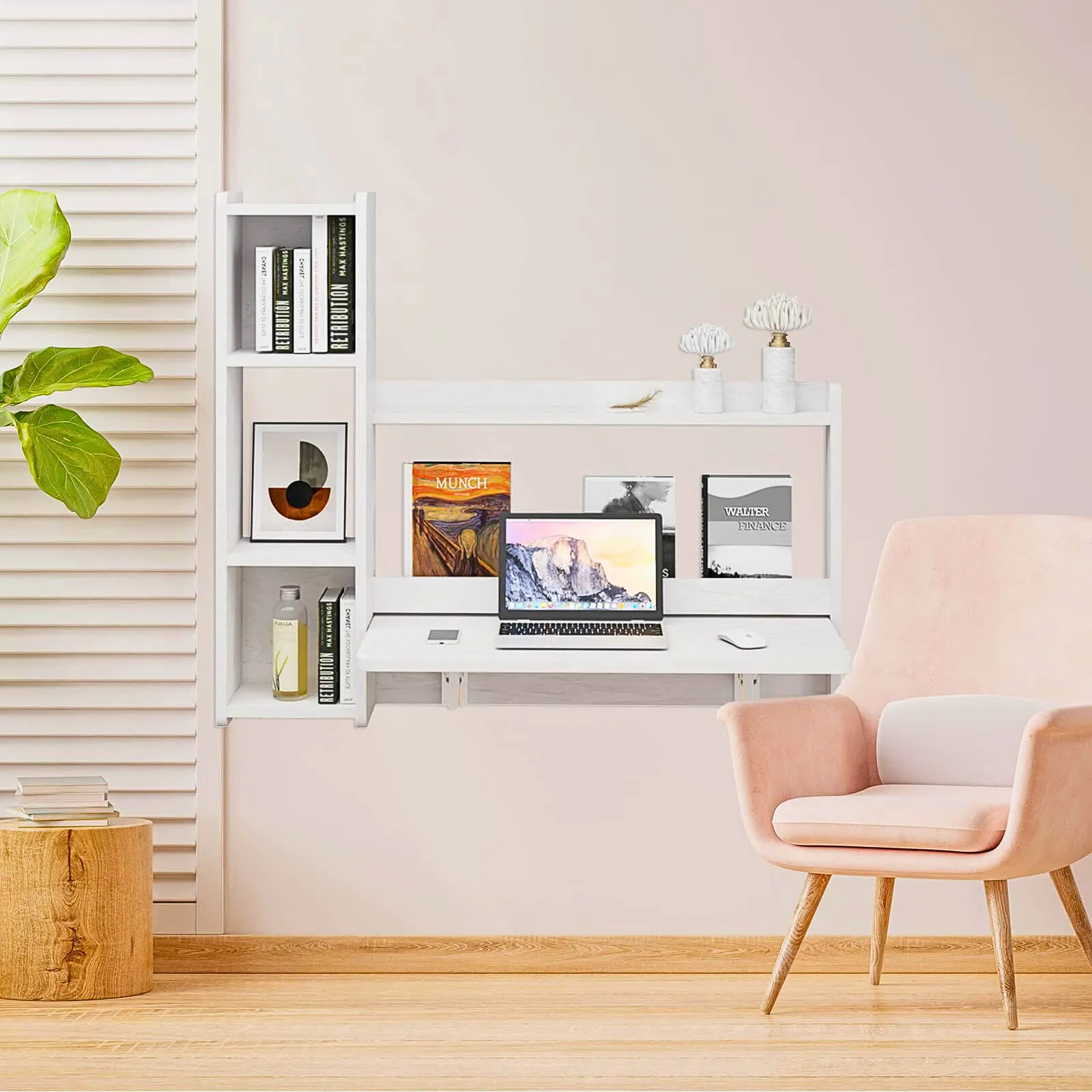 White Wall Mounted Fold Down Desk with Storage Shelf, 41.57"W 35.43"H