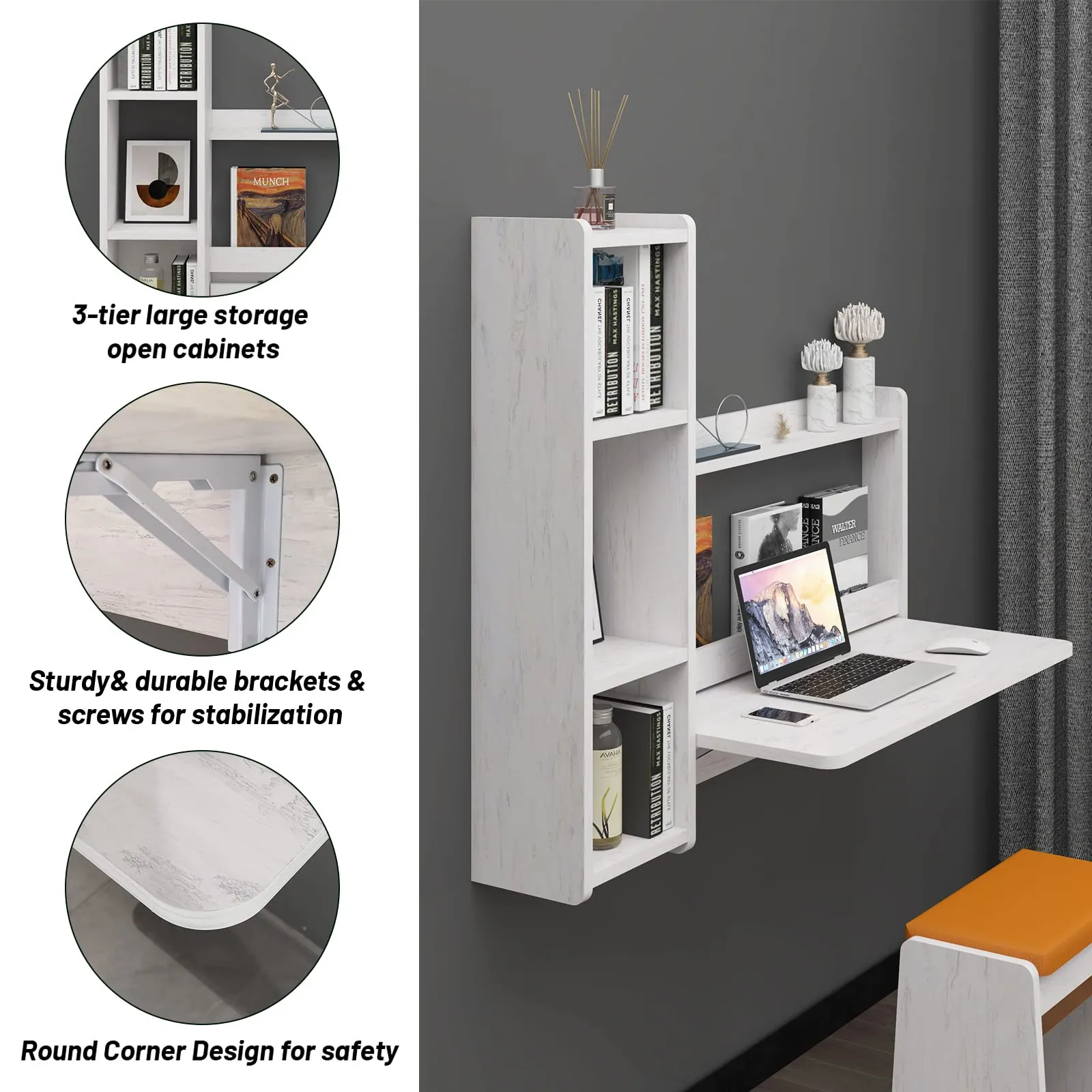 White Wall Mounted Fold Down Desk with Storage Shelf, 41.57"W 35.43"H