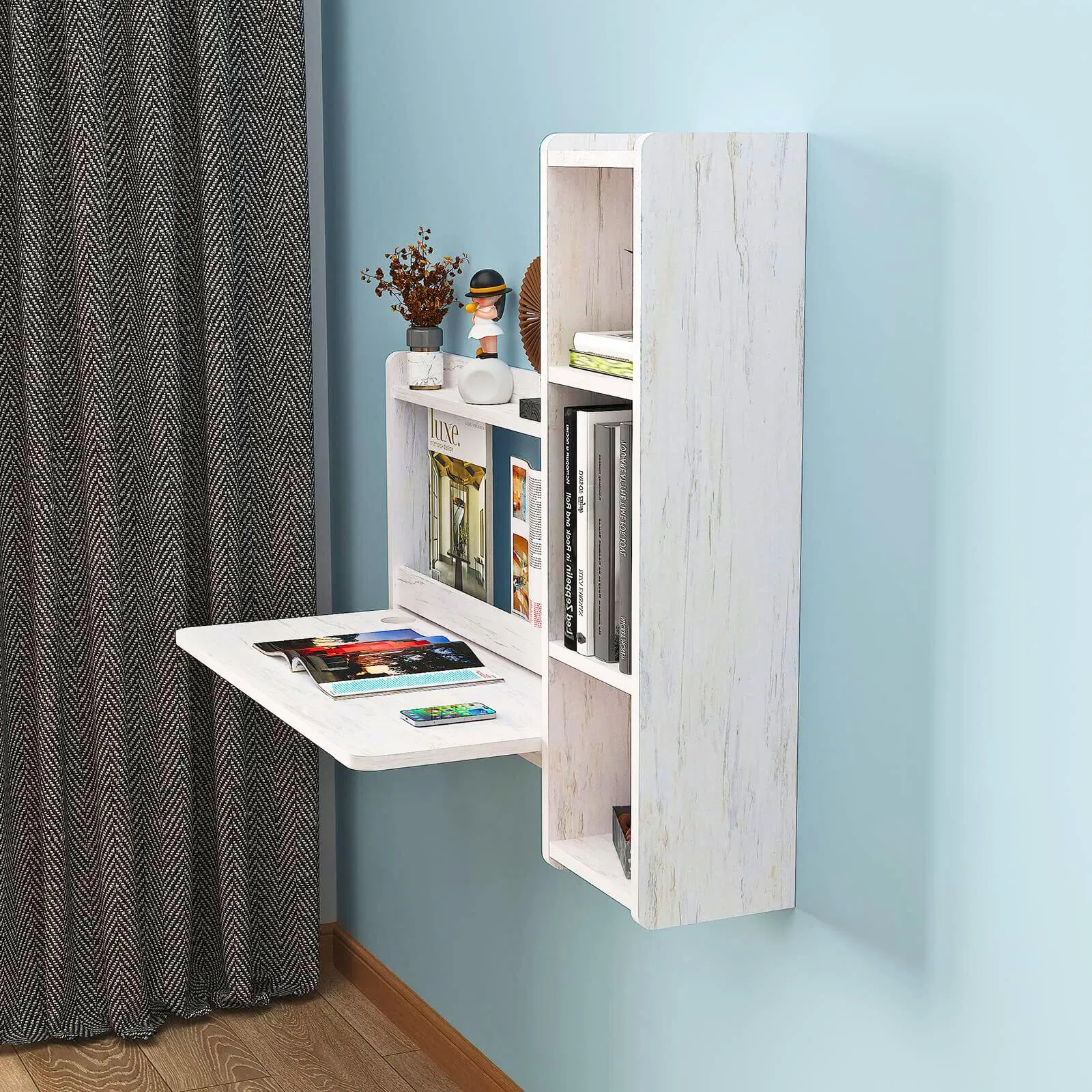 White Wall Mounted Fold Down Desk with Storage Shelf, 41.57"W 35.43"H