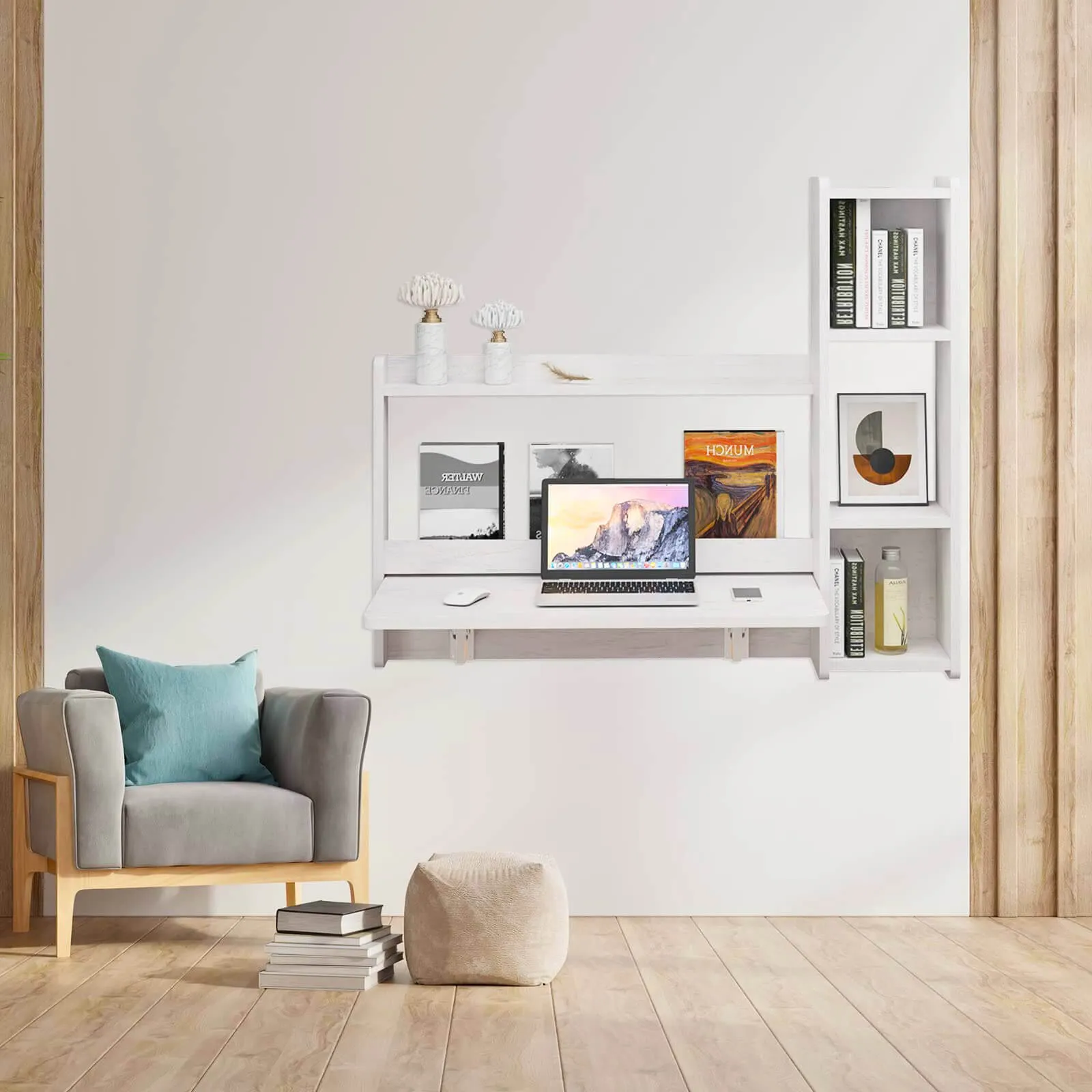White Wall Mounted Fold Down Desk with Storage Shelf, 41.57"W 35.43"H