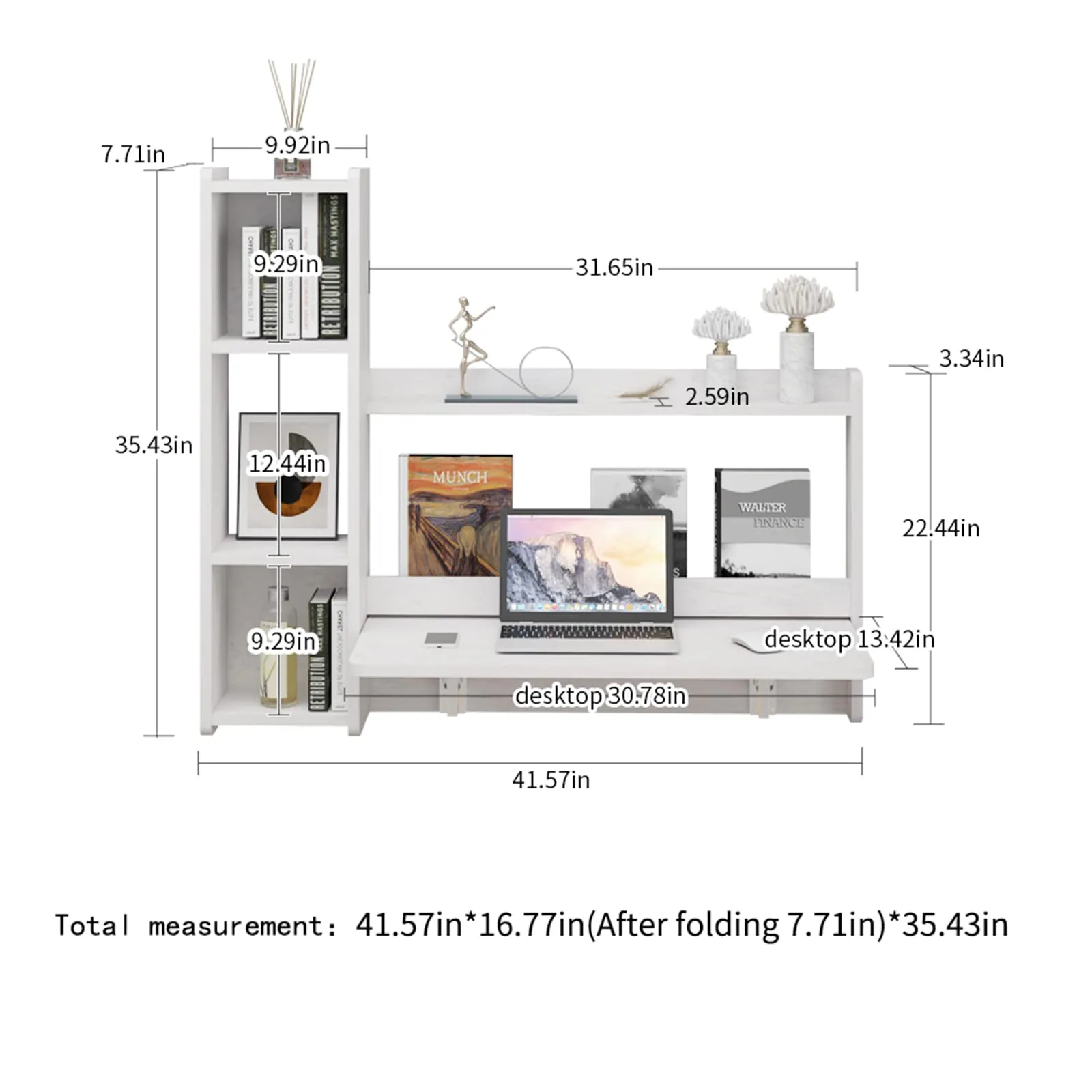 White Wall Mounted Fold Down Desk with Storage Shelf, 41.57"W 35.43"H