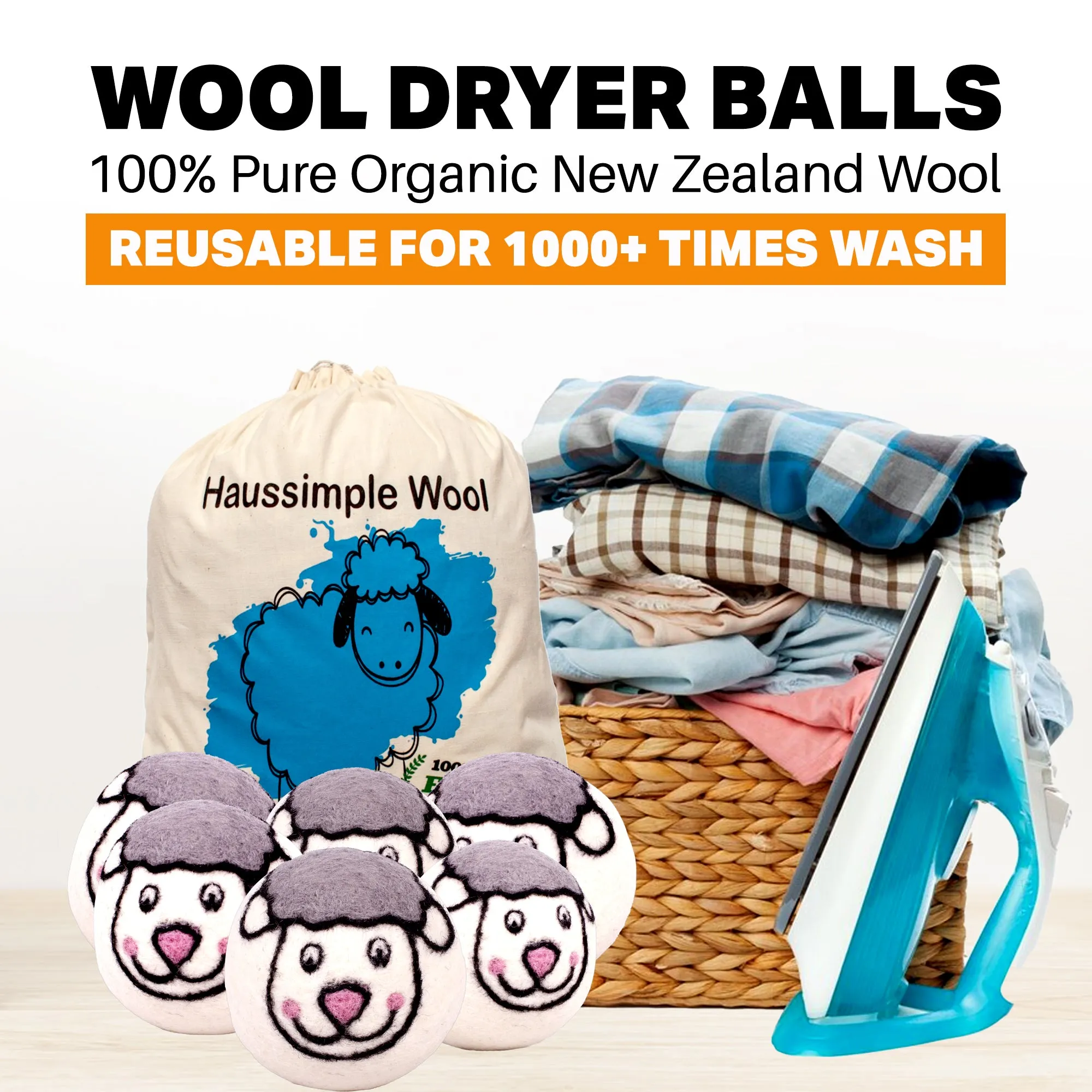 Wool Dryer Balls XL Organic Laundry Fabric Softener 6-Pack